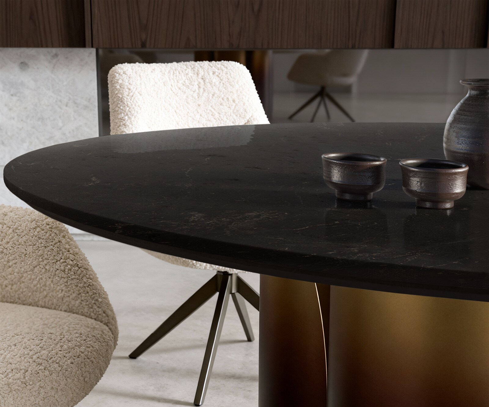 Table-à-manger Adenza ronde 140 x 140 cm Marbre noir Or métallique Finition Fusion dorée 4