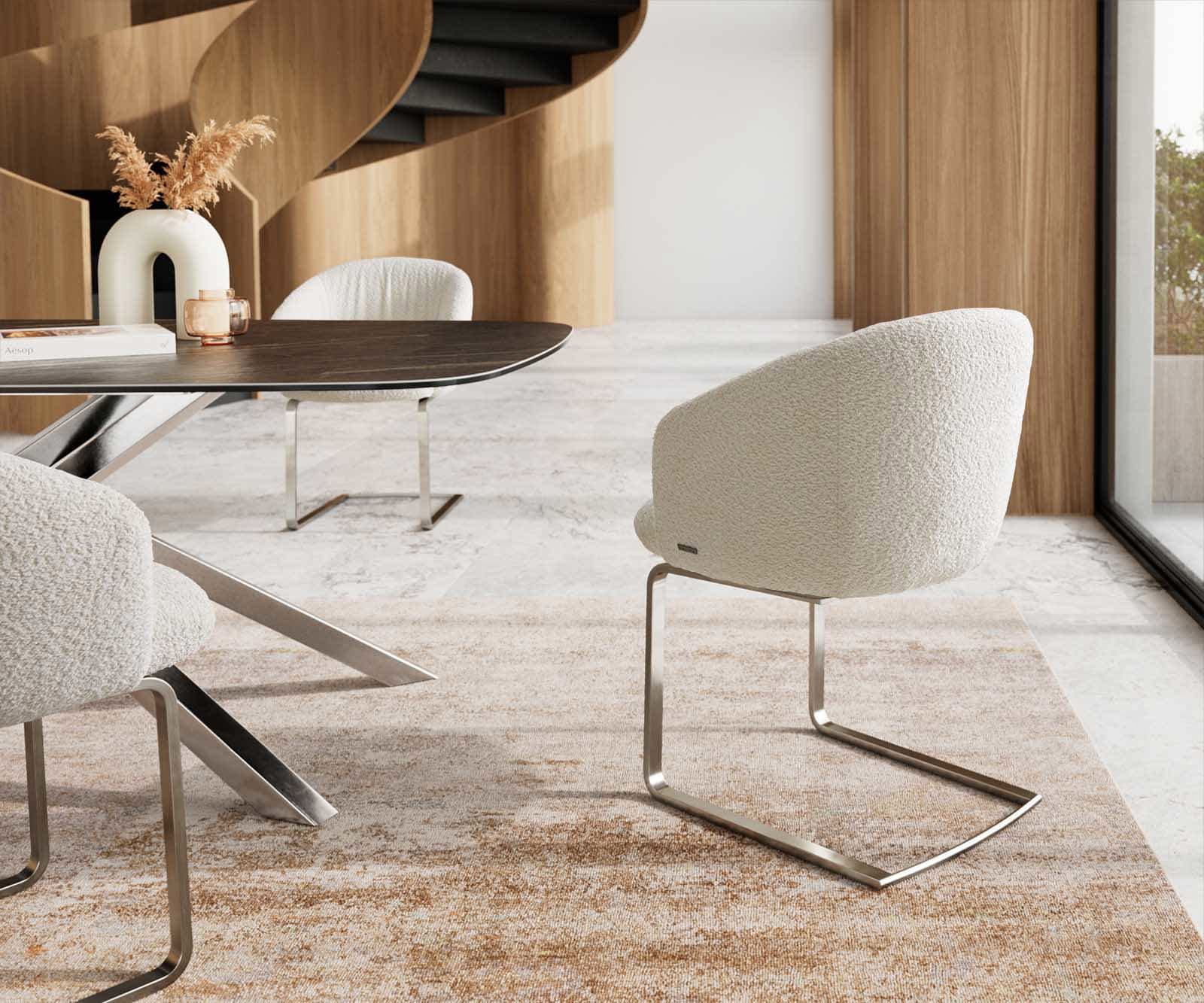 Cantilever Caja-Flex avec accoudoirs bouclé blanc pied cantilever plat acier inoxydable brossé ressorts ensachés 4 Cantilever Caja-Flex avec accoudoirs bouclé blanc pied cantilever plat acier inoxydable brossé ressorts ensachés 4