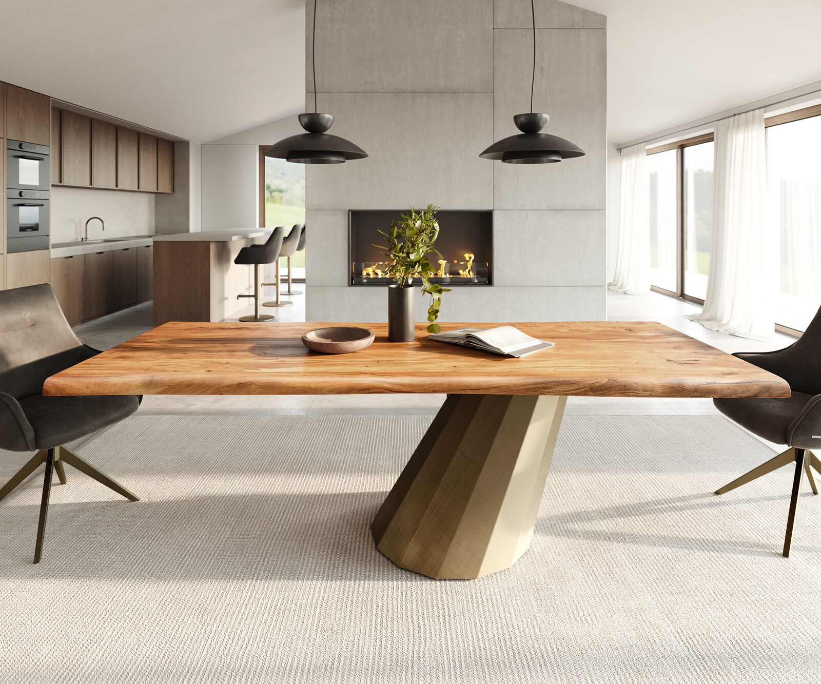 Table à manger Edge 240x100 acacia naturee parabole métallique doré Live-Edge 2