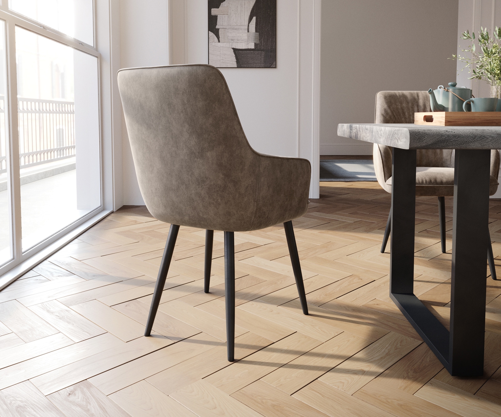 Chaise-de-salle-à-manger Zelia-Flex avec accoudoirs microvelours taupe vintage 4 pieds coniques noir ressorts ensachés 5