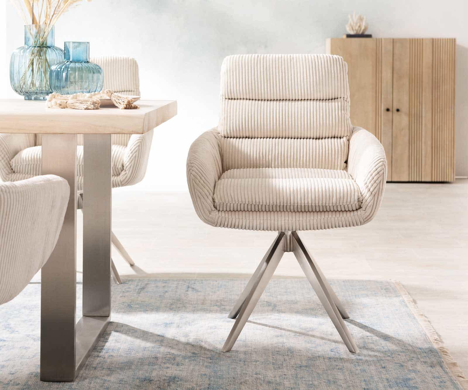 Chaise-de-salle-à-manger Abelia-Flex avec accoudoirs côtelé beige vintage pied croisé angulaire acier inoxydable brossé 1 Chaise-de-salle-à-manger Abelia-Flex avec accoudoirs côtelé beige vintage pied croisé angulaire acier inoxydable brossé 1