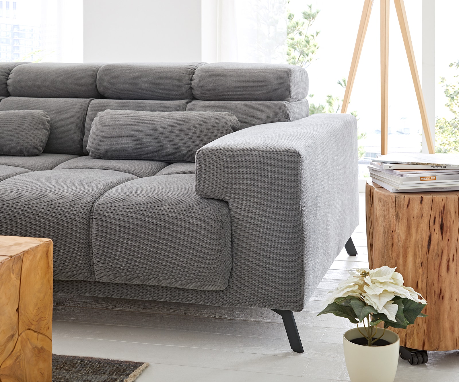 Canapé-d'angle Ordino 285x200 microfibre gris ottomane gauche réglage électrique de la profondeur d'assise 9