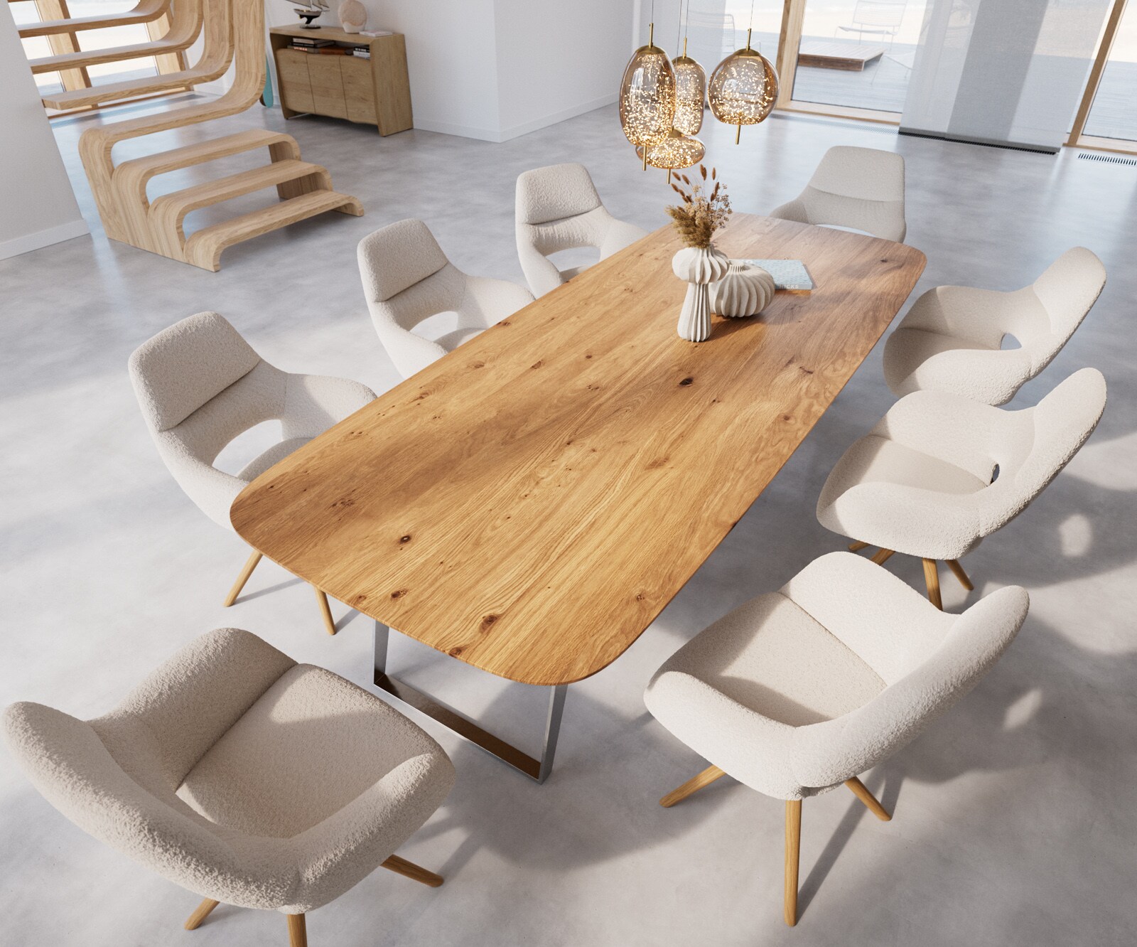Table à manger Edge Boot 300x120x2,5-3 chêne nature acier inoxydable inclinée bord suisse 3