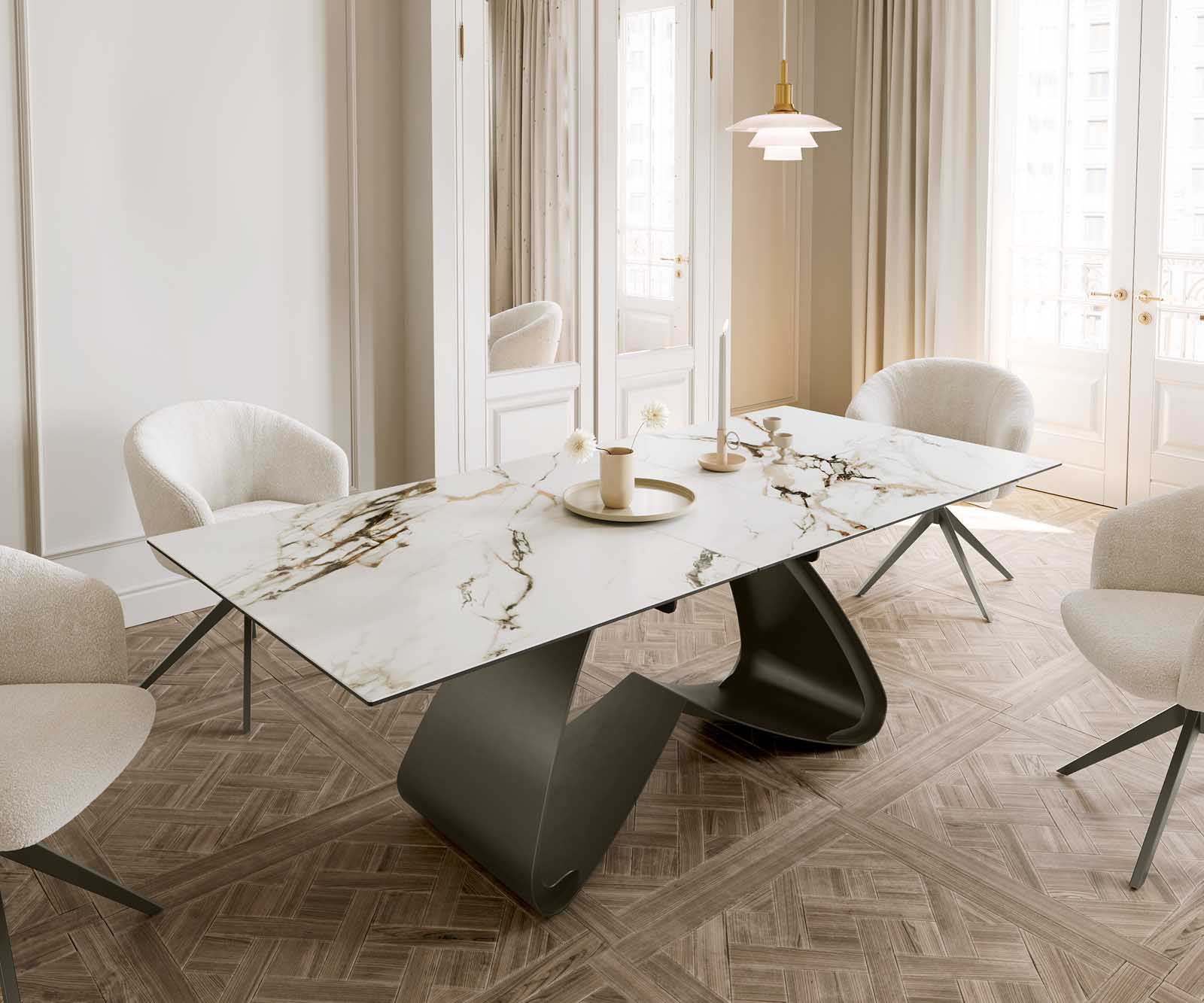 Table à manger Edge 180-220x100 Céramique Calacatta Luxe Blanc-Or-Gris cadre en W Finition Effet Titane Extensible 1