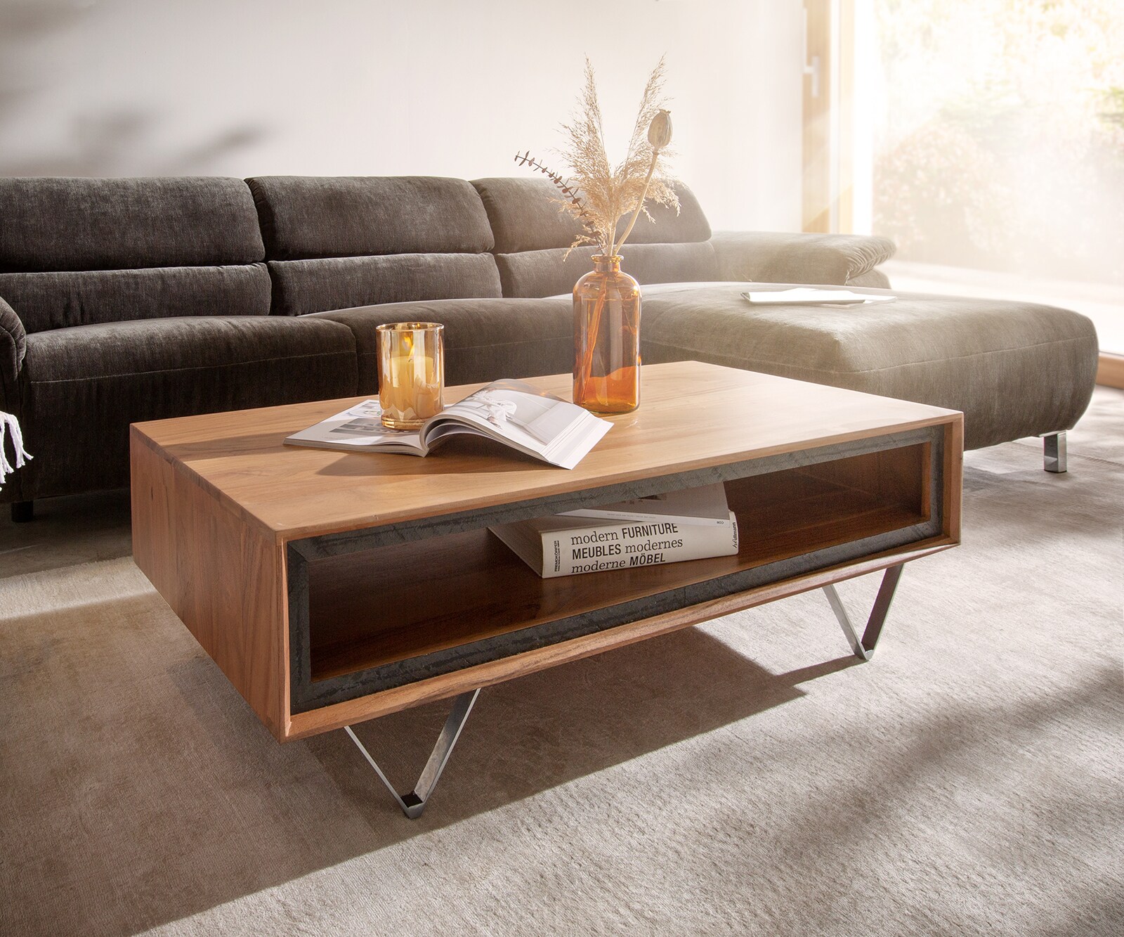 Table-basse Stonegrace 115x60 cm acacia naturel 1 compartiment plaqué pierre