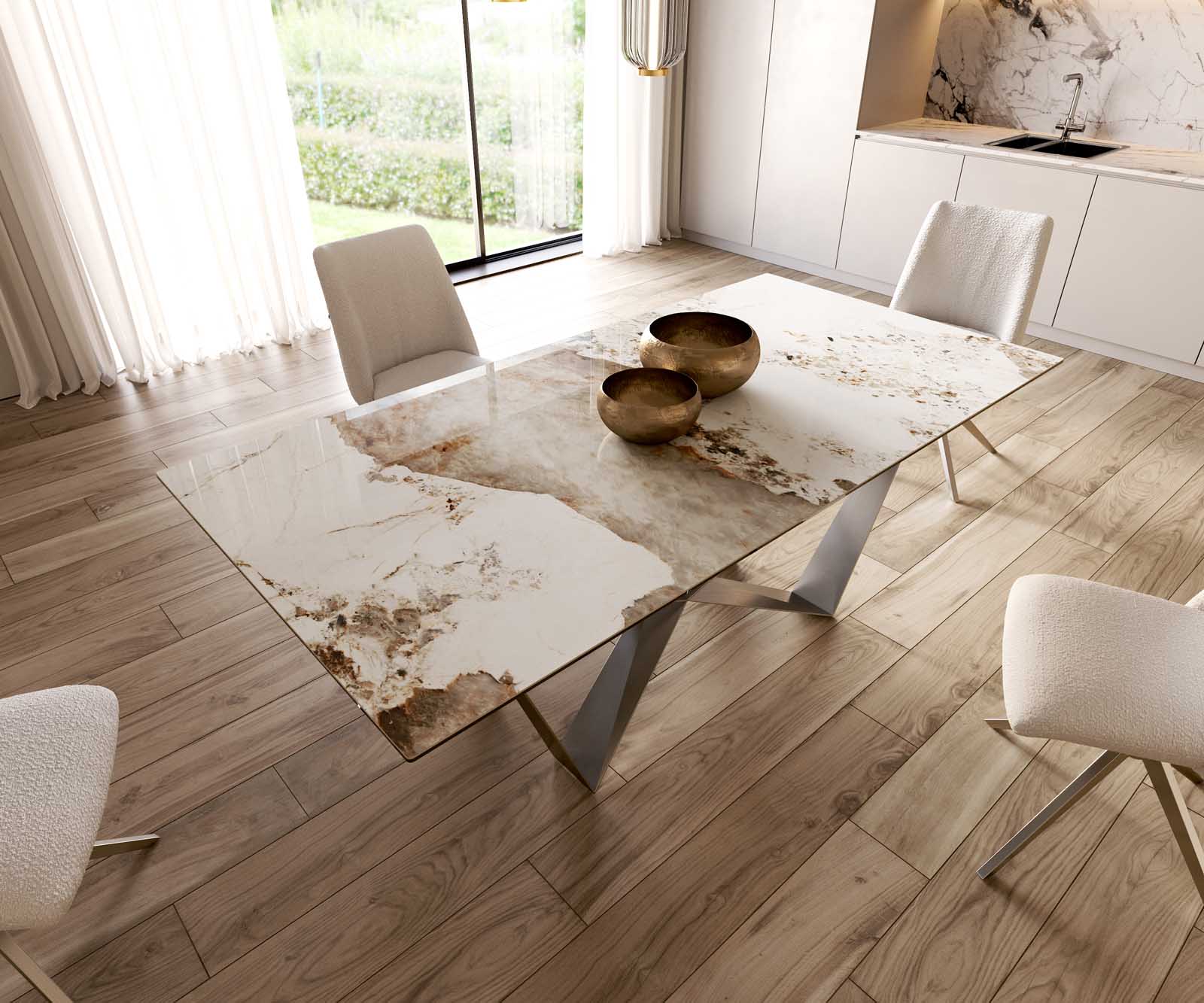 Table à manger Edge 200x100 céramique Minas mélange blanc-beige Spider acier plat acier inoxydable 5