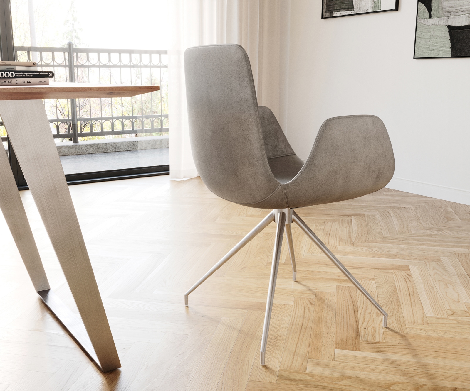 Chaise-de-salle-à-manger Ilia-Flex avec accoudoirs velours gris pied croisé conique acier inoxydable brossé 4 Chaise-de-salle-à-manger Ilia-Flex avec accoudoirs velours gris pied croisé conique acier inoxydable brossé 4