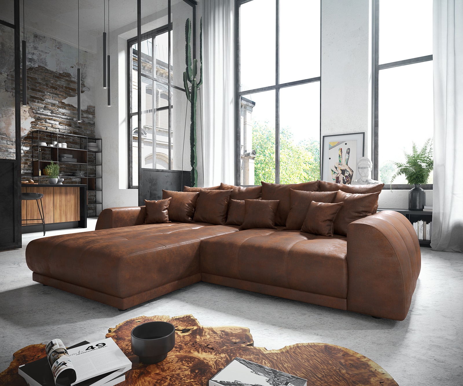 Canapé-d'angle Violetta 300 x 220 cm similicuir marron Recamière variable Canapé-d'angle Violetta 300 x 220 cm similicuir marron Recamière variable