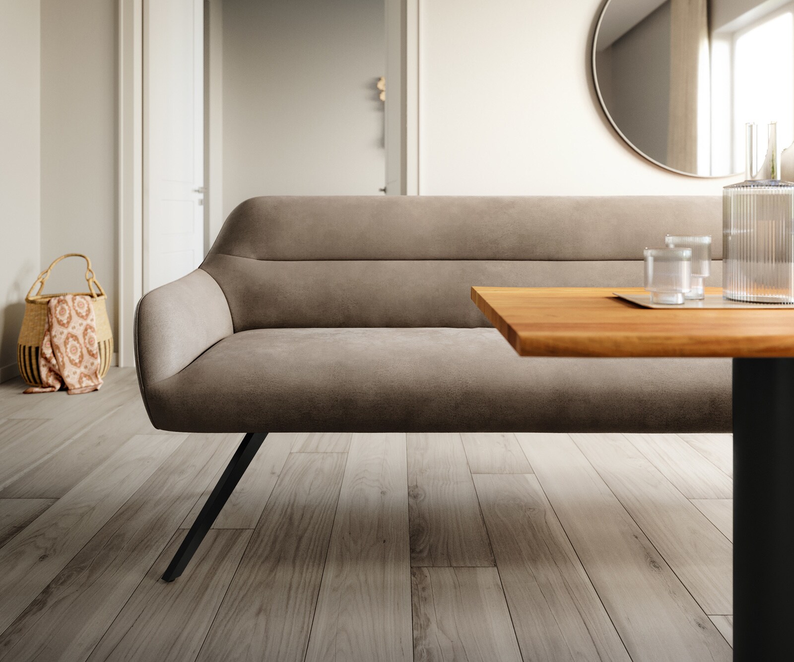 Banc-de-salle-à-manger Taya-Flex 200 cm microfibre taupe vintage pied croisé angulaire noir ressort ensaché 1