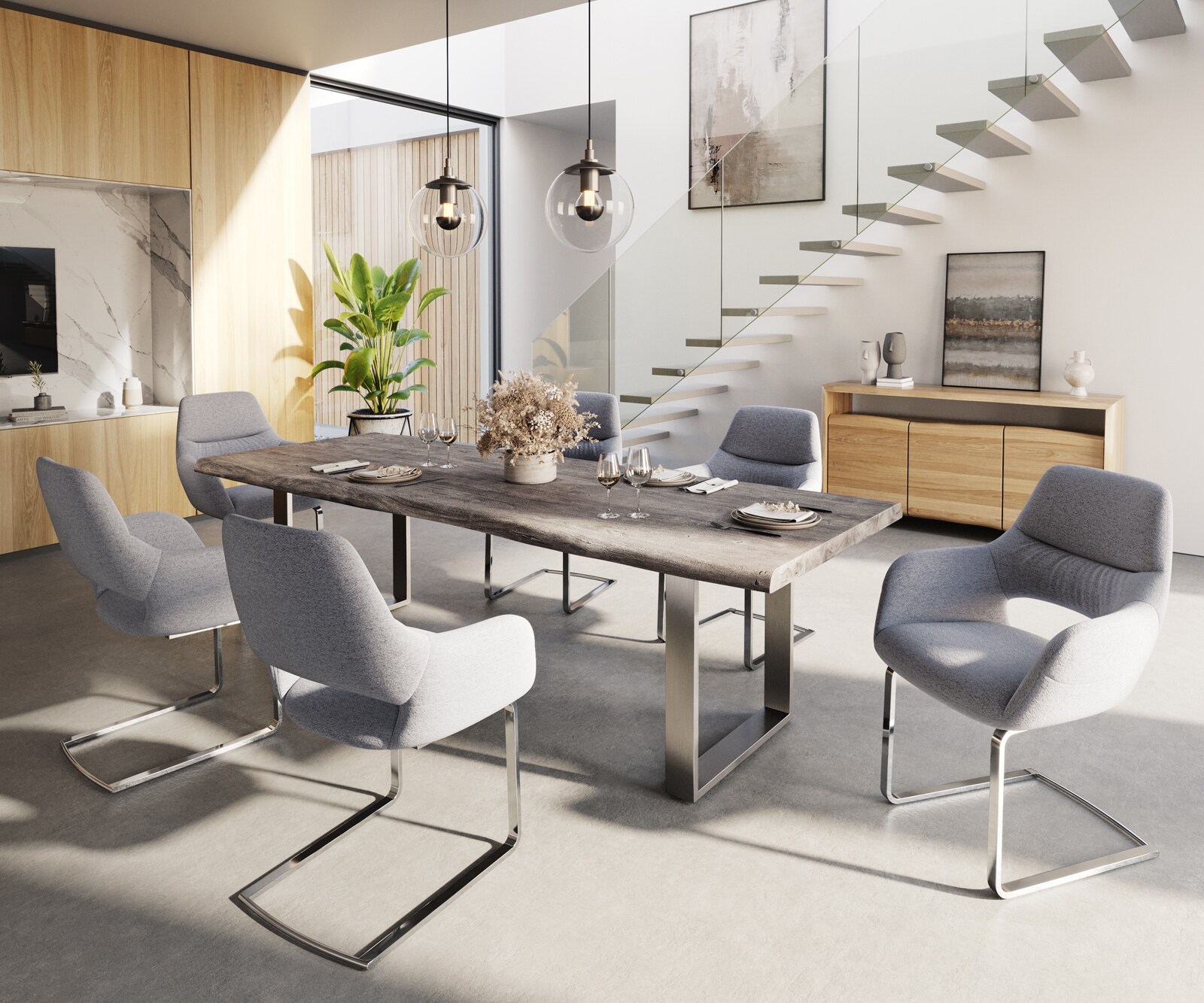 Table-à-manger Edge 260x100 XL acacia platine acier inoxydable mince Live-Edge 5