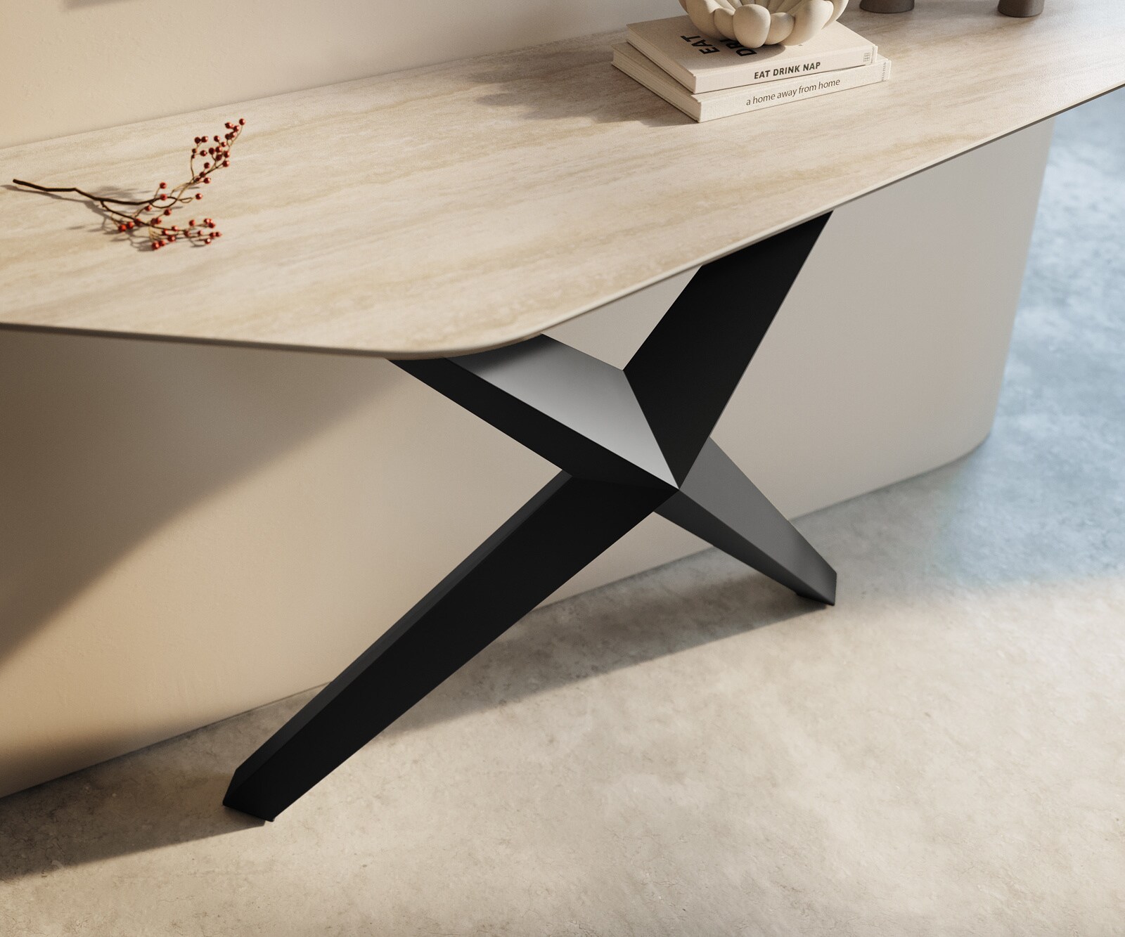 Console Edge Polygonal 140x50 cm Céramique Laminam® Travertino Bianco Creme-Weiß Zentharo Métal Noir 5