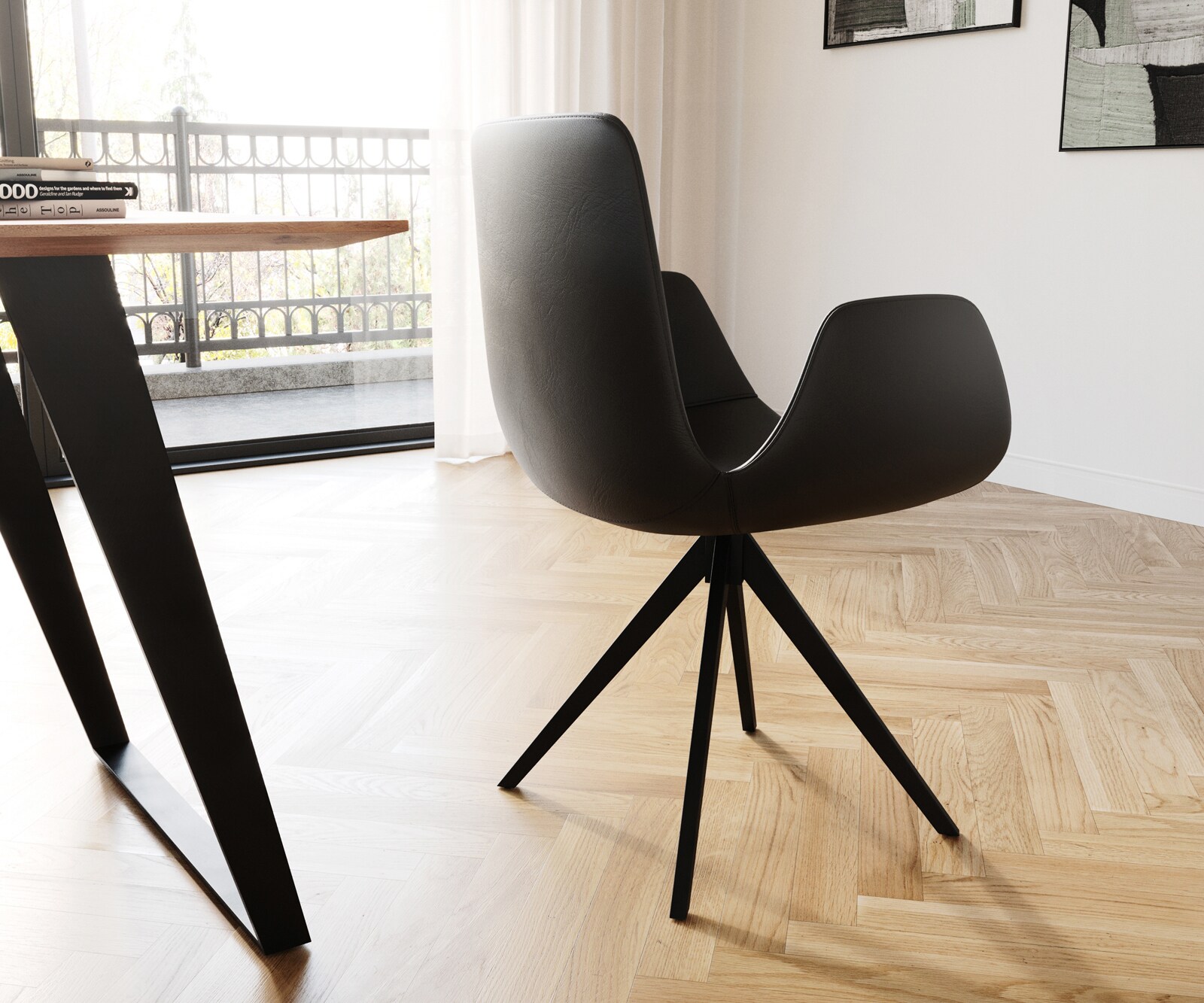 Chaise-de-salle-à-manger Ilia-Flex avec accoudoirs cuir de vache noir pied croisé angulaire noir 4