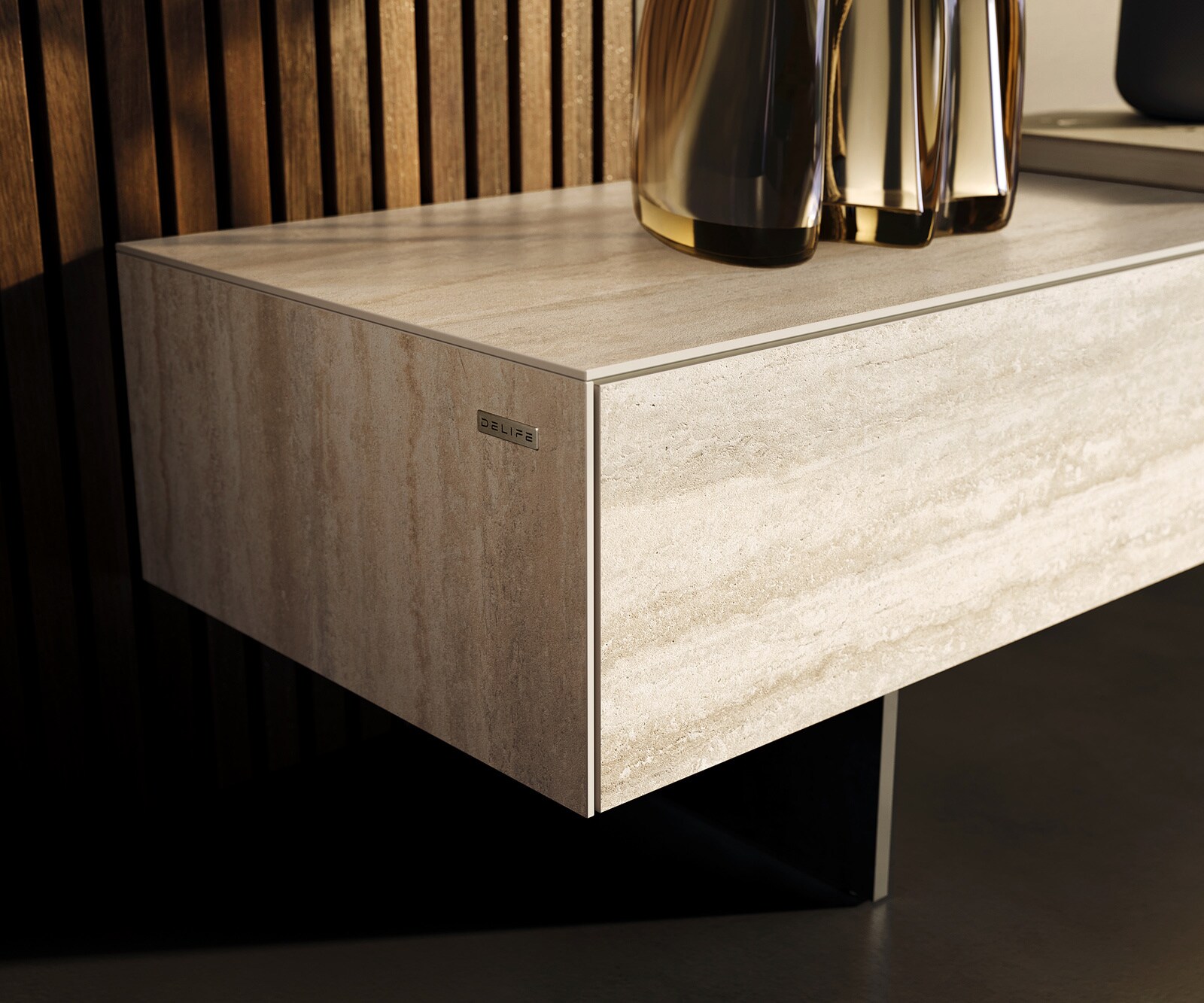 Meuble-TV Cuor 200 cm Céramique Laminam® Travertino Bianco Crème-blanc 1 Clapet 1 Tiroir Pied optique flottant Métal Noir 5