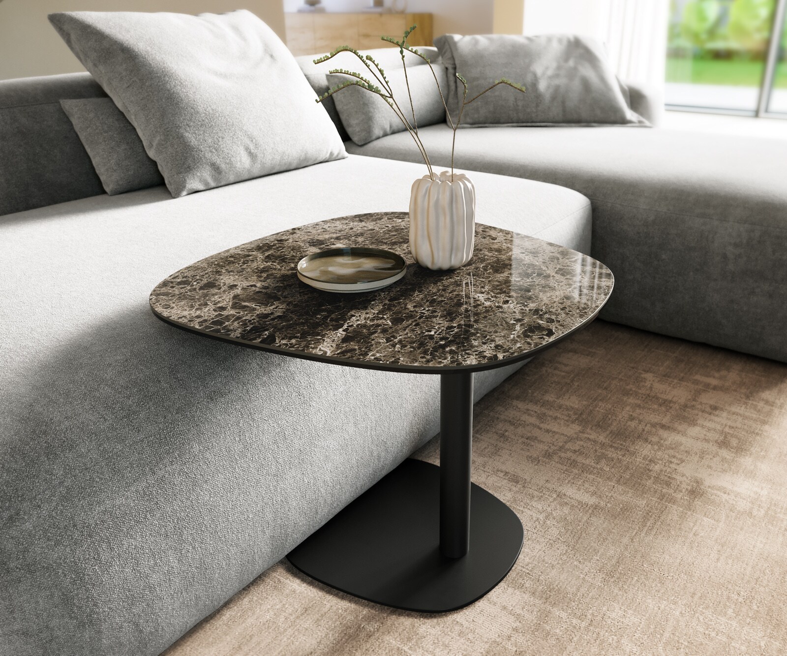 table d’appoint Edge bateau 60x60 cm céramique Emperador Extra Lucidato brun foncé Eleny métal noir