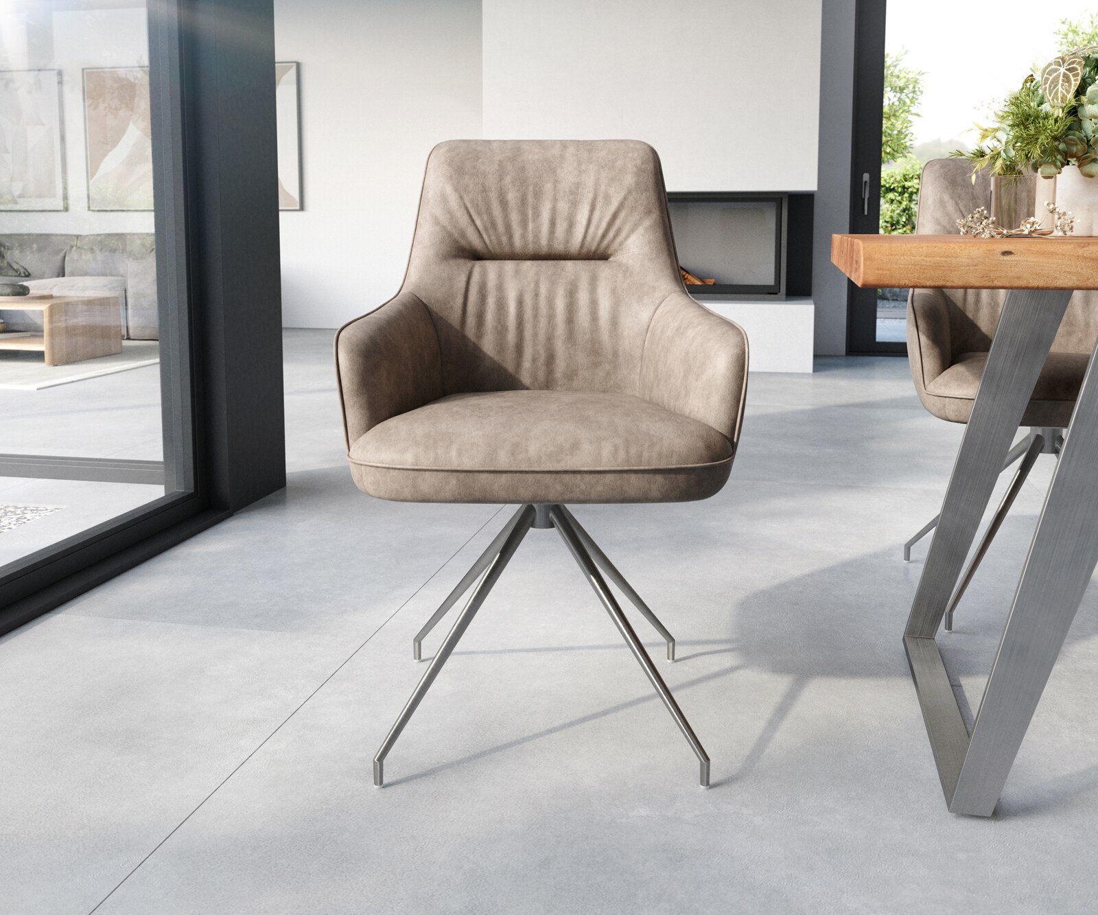 Chaise-de-salle-à-manger Zelia-Flex avec accoudoirs microvelours taupe vintage pied croisé conique acier inoxydable brossé ressorts ensachés 1