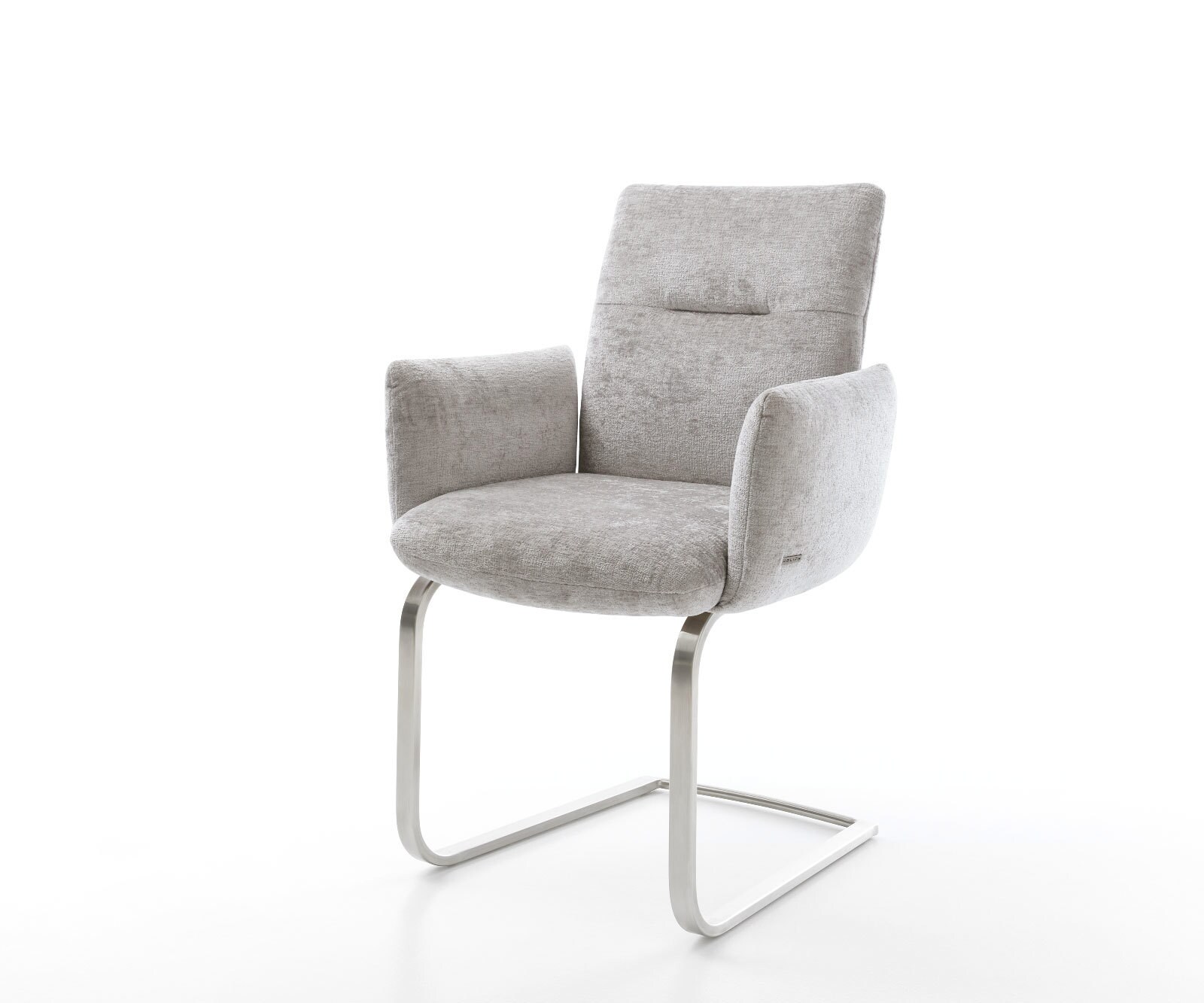 Cantilever Jova-Flex avec accoudoirs chenille gris argenté pied cantilever plat acier inoxydable brossé ressorts ensachés