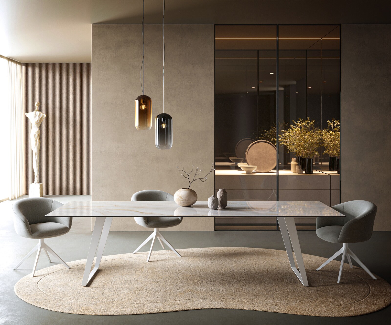 Table à manger Edge 300x100 cm céramique Onyx Pearl piètement incliné métal blanc 2