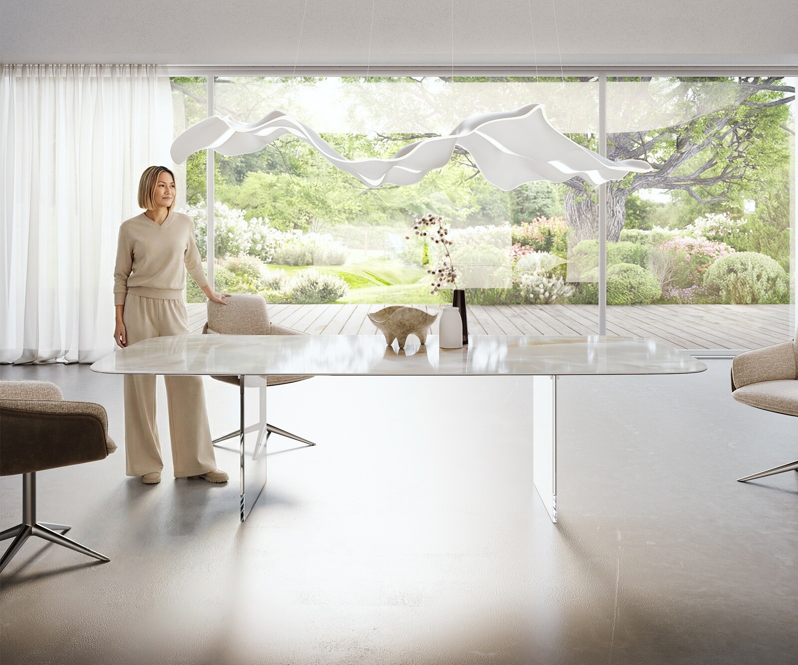 Table à manger Edge Boot 270x120 cm Céramique Iris FMG Onice Grigio piètement en verre 1