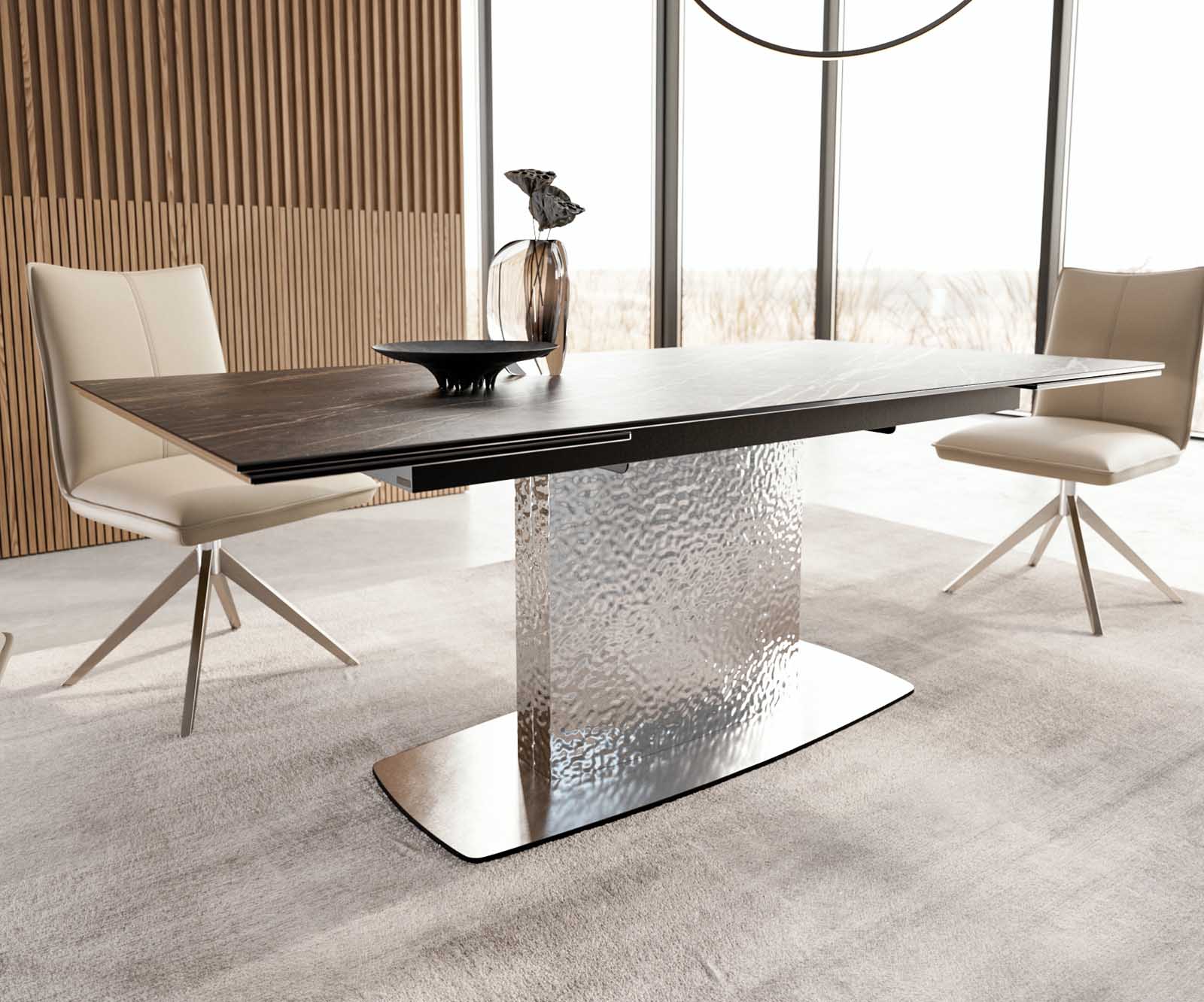 Table à manger Edge 200-300x100 céramique Laminam®Noir Desir marron Wave acier inoxydable extensible 5