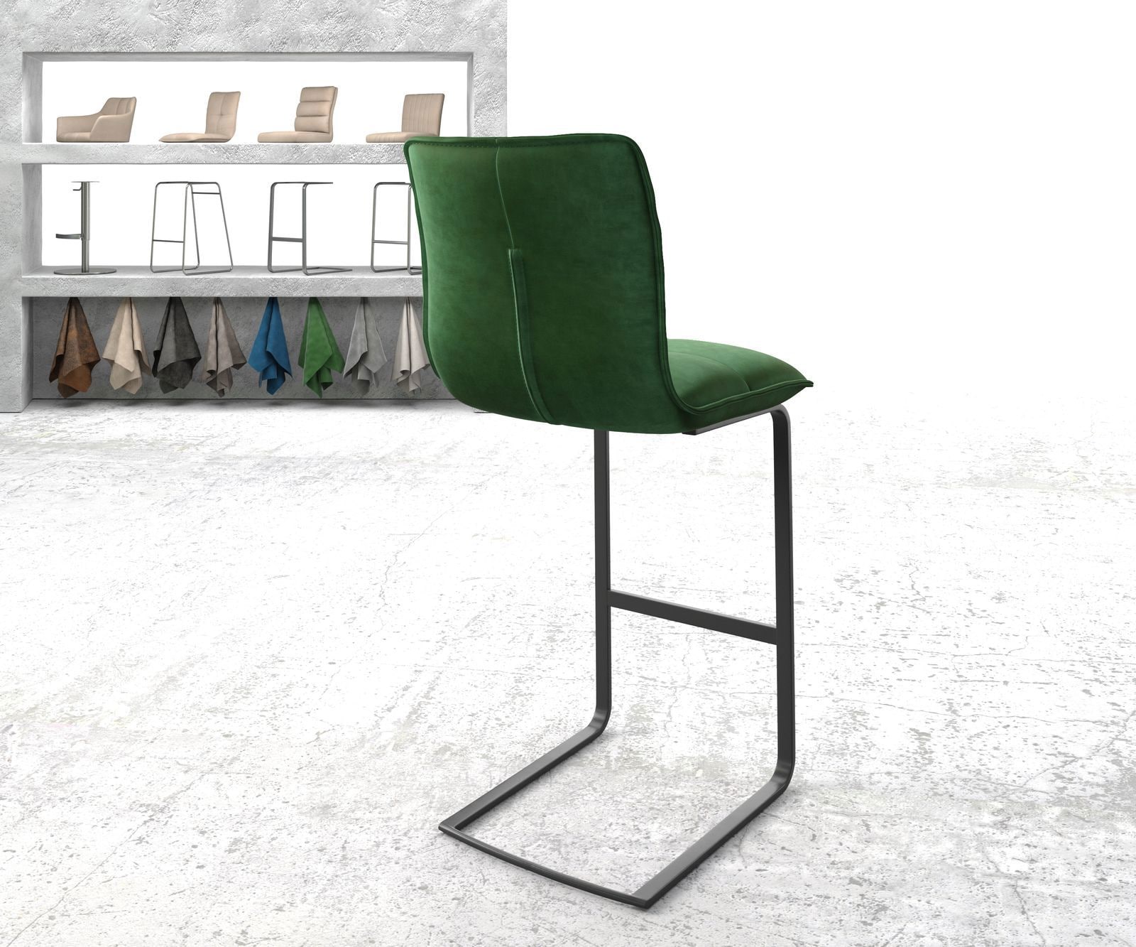 Chaise-de-bar Maddy-Flex velours vert chaise cantilever métal plat 2 Chaise-de-bar Maddy-Flex velours vert chaise cantilever métal plat 2