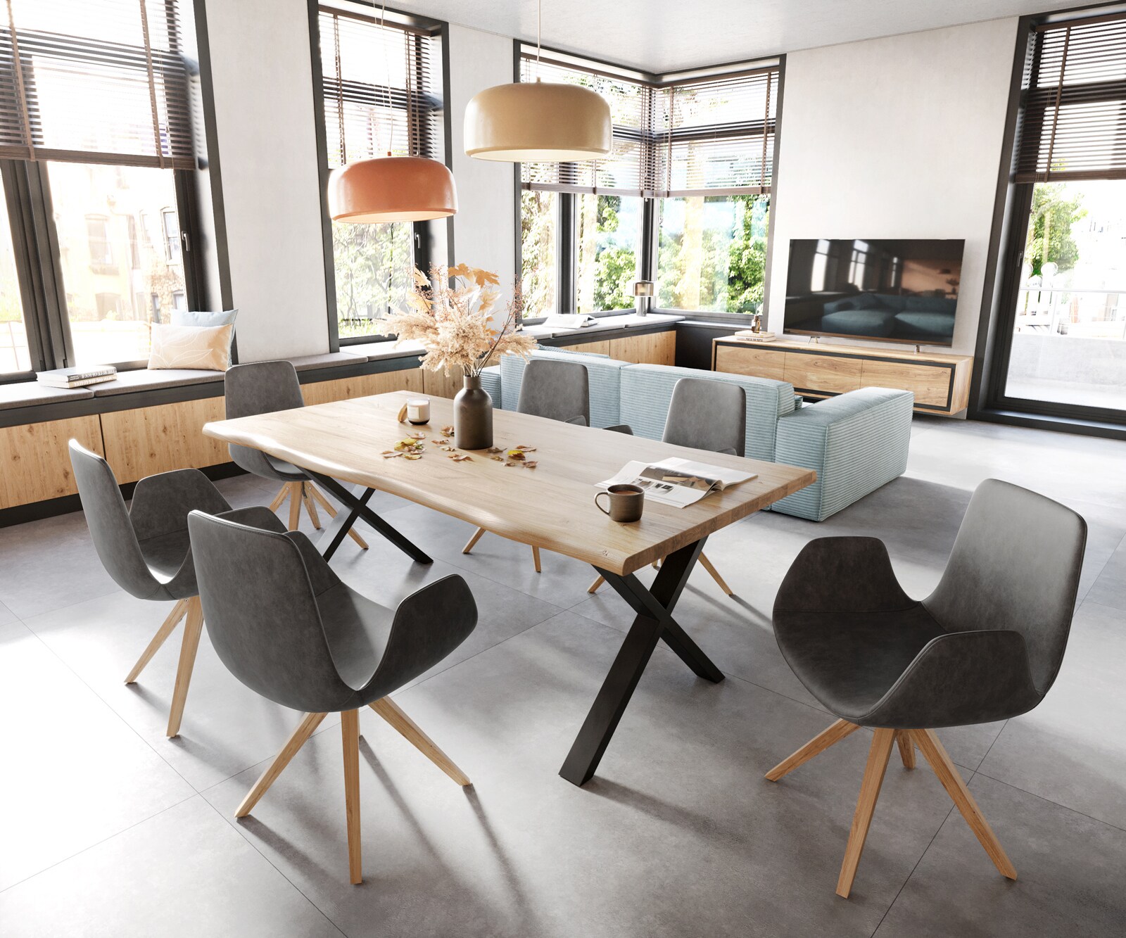 Chaise-de-salle-à-manger Ilia-Flex avec accoudoirs microvelours anthracite vintage pied en bois anguleux naturel 4
