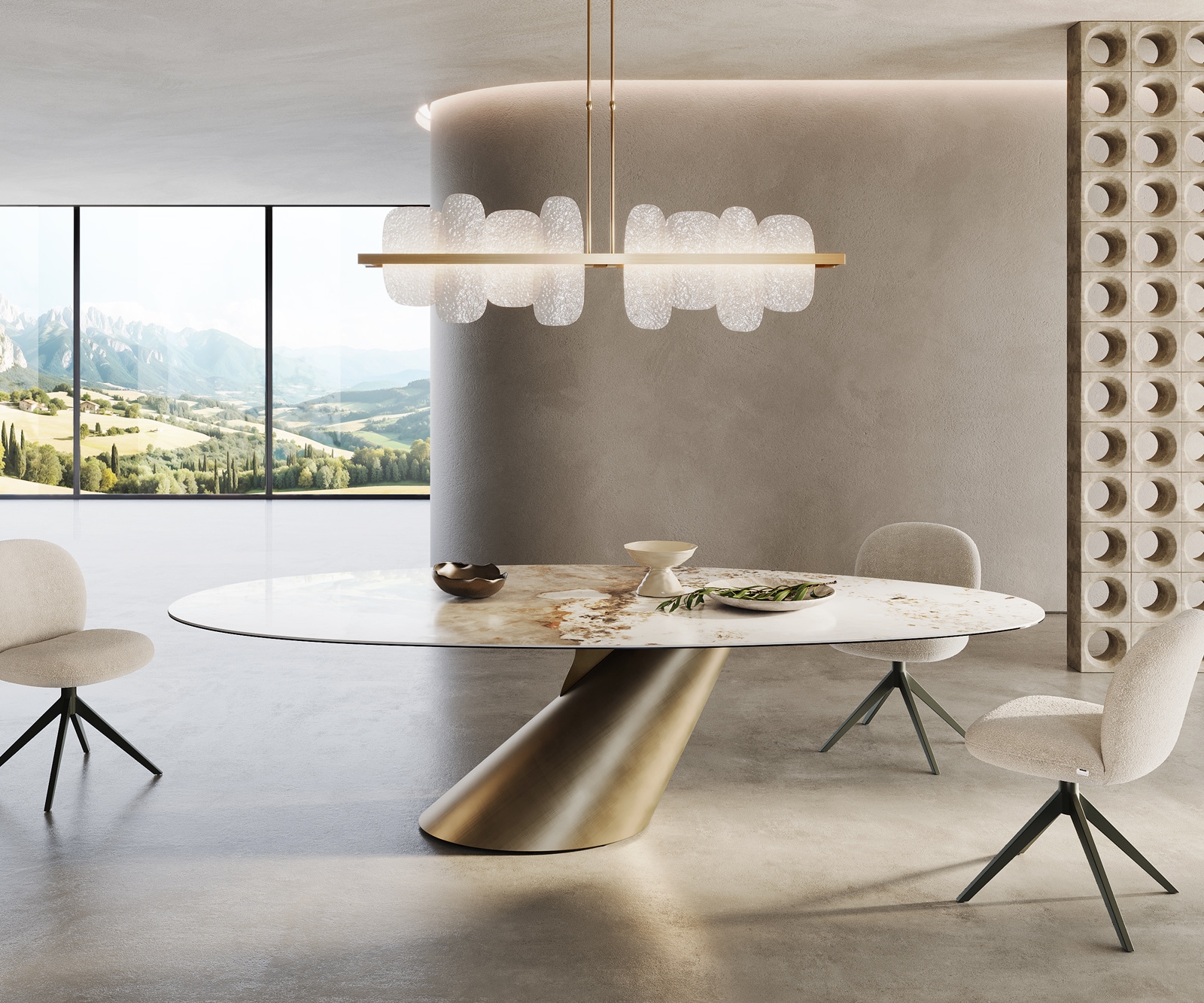 Table à manger Edge ovalee 280x130 céramique Minas mélange blanc-beige Cono métallique doré 1