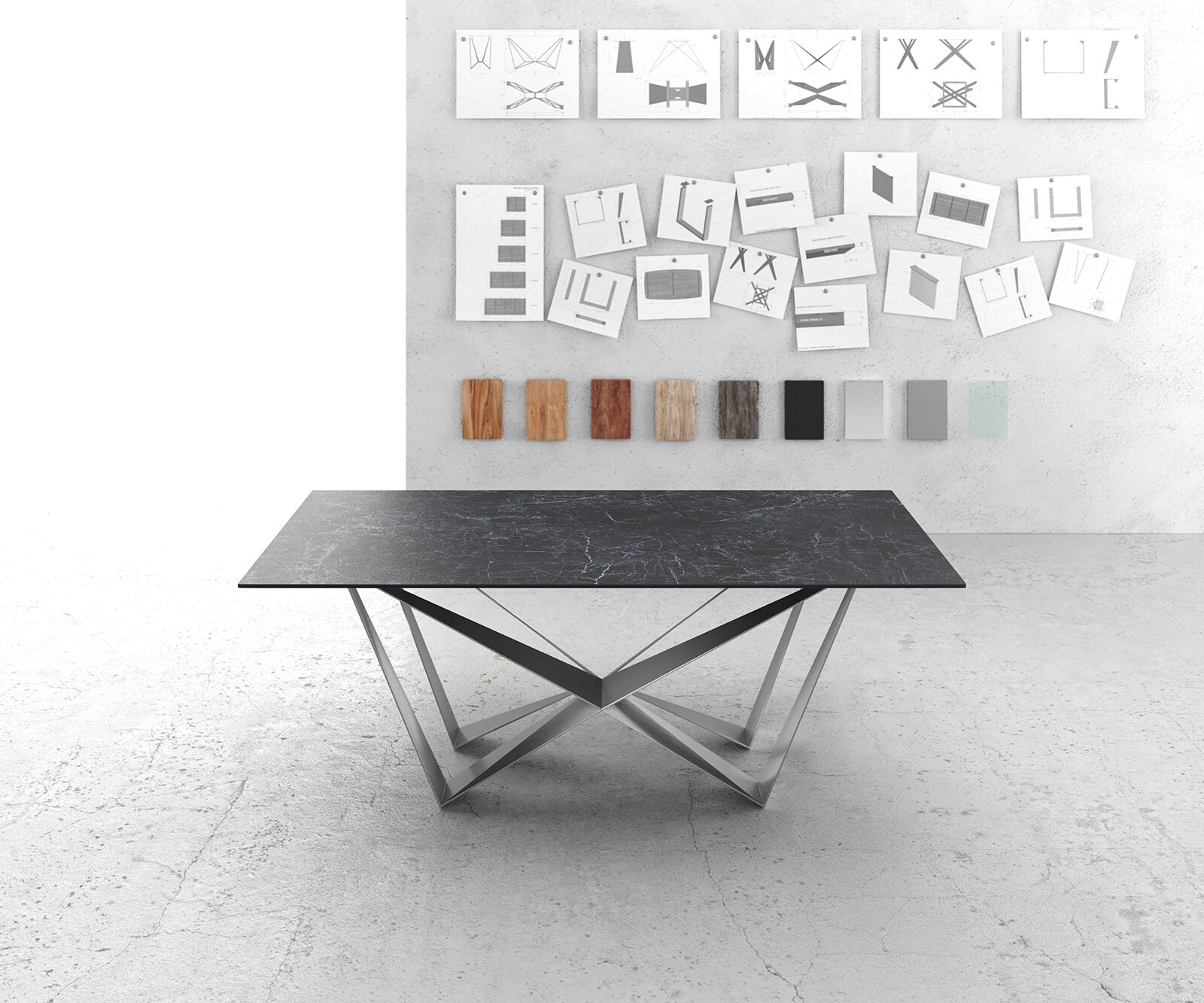 Table-à-manger Edge 200x100cm Laminam® céramique gris pieds milieu acier plat argent 1