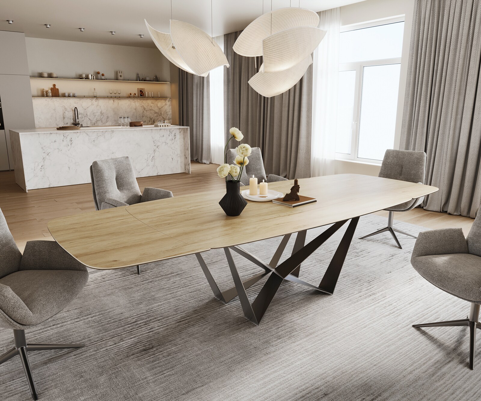 Table à manger Edge Boot 200-300x120 cm Céramique Laminam® Sabbia Eichefarbig Spider Flachstahl Acier inoxydable Graphite extensible 1