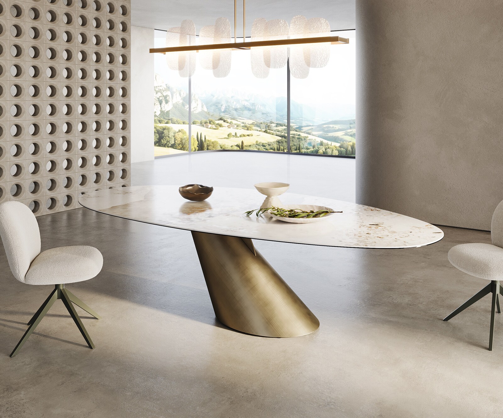 Table à manger Edge ovalee 280x130 céramique Minas mélange blanc-beige Cono métallique doré 4