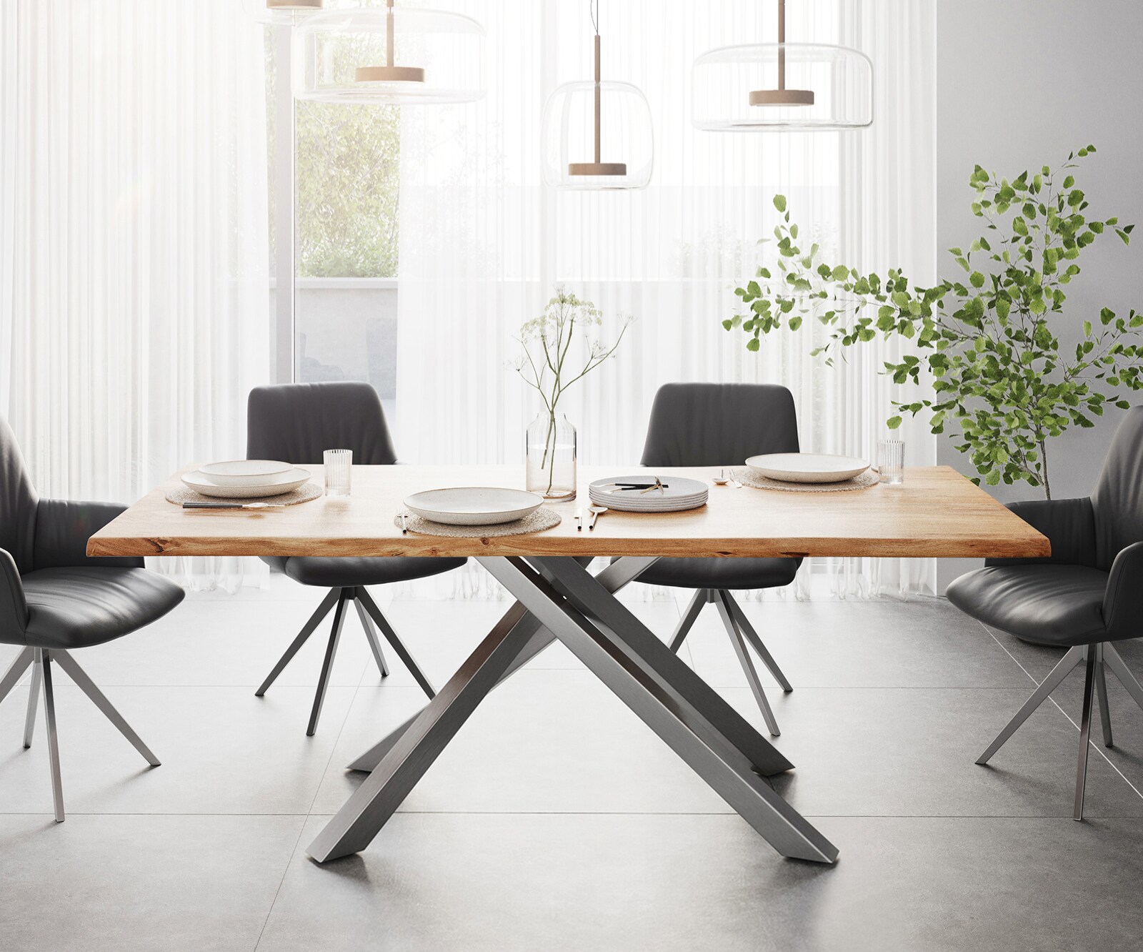 Table à manger Edge 200x100 acacia nature cadre croisé rectangle acier inoxydable Live-Edge 2