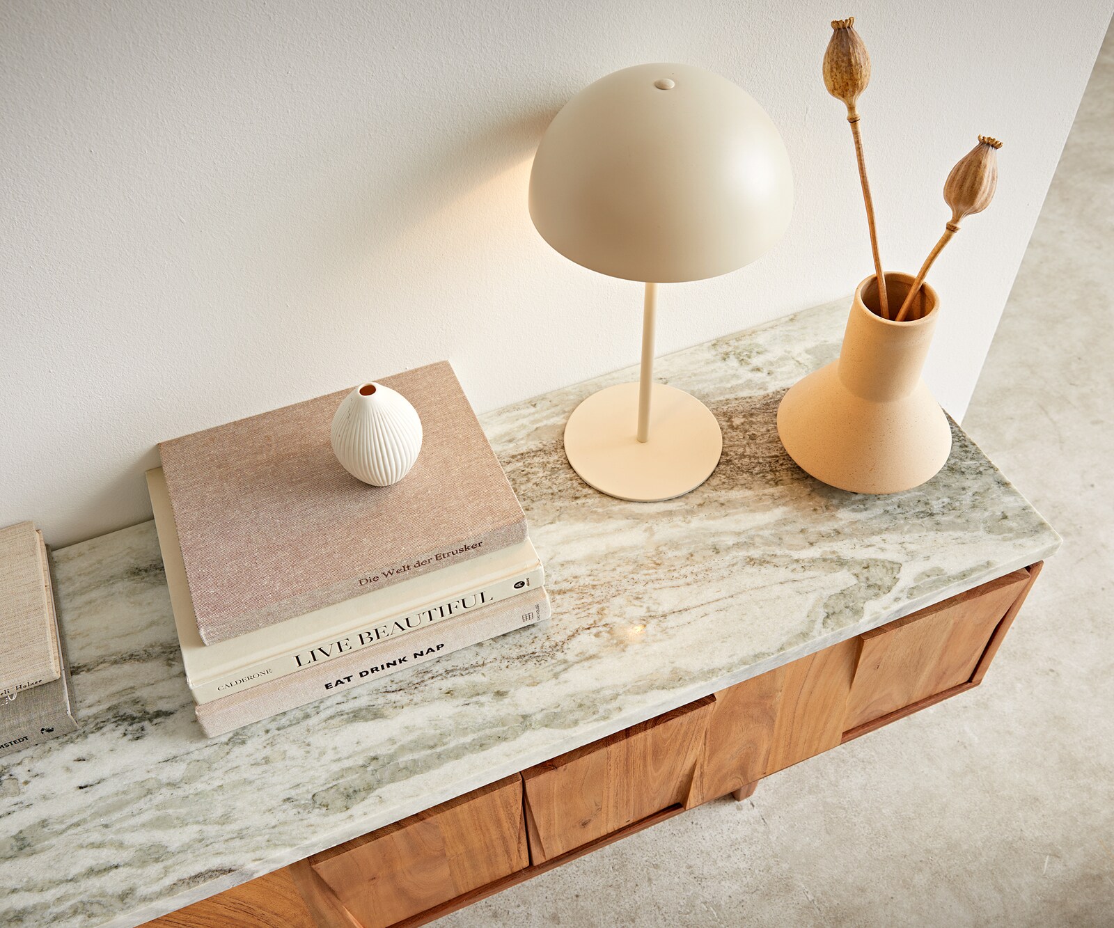 Meuble-TV Shia 200cm acacia naturel marbre gris-blanc 4 portes 5