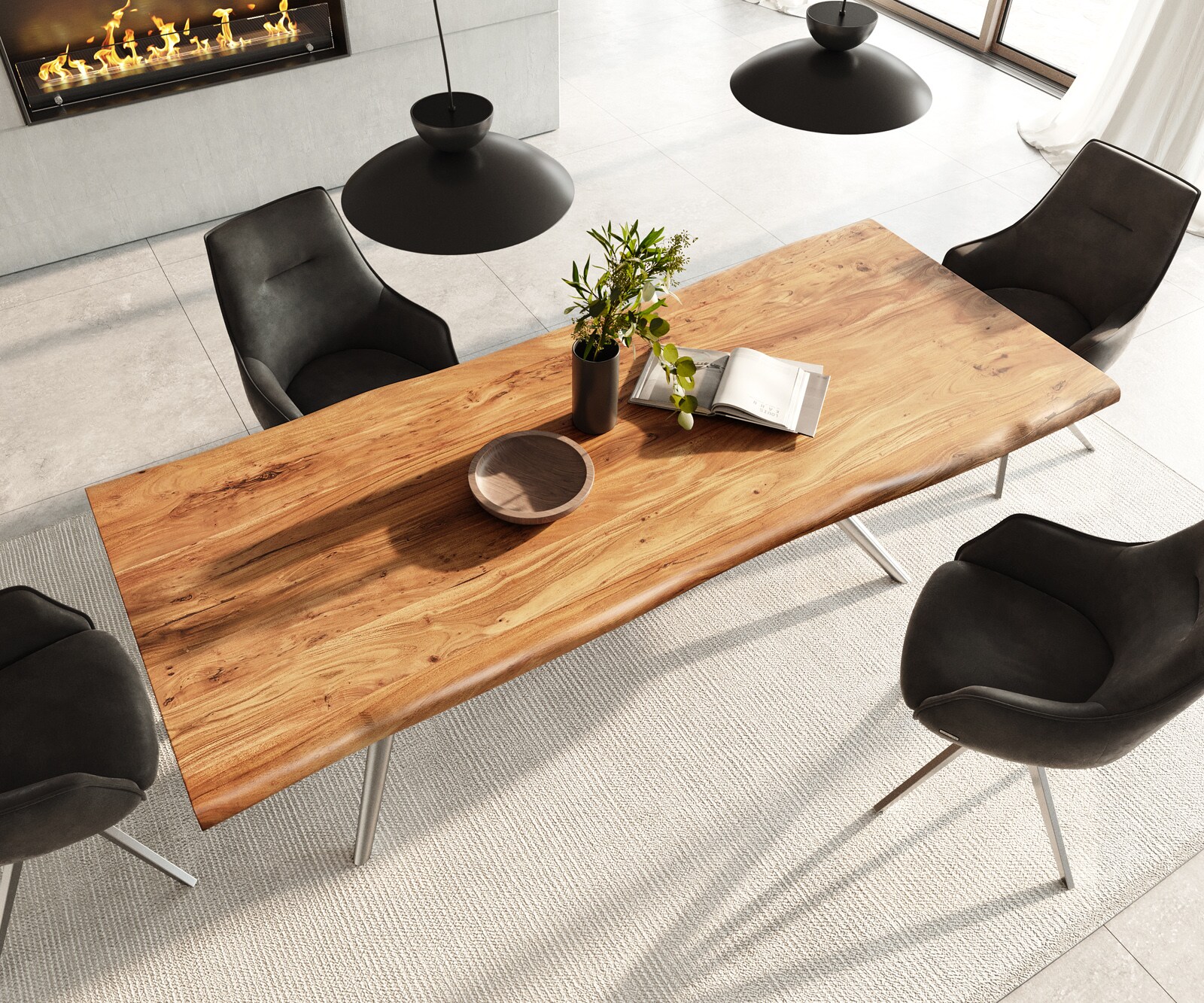 Table à manger Edge 240x100 acacia naturee Estelar rond acier inoxydable Live-Edge 3