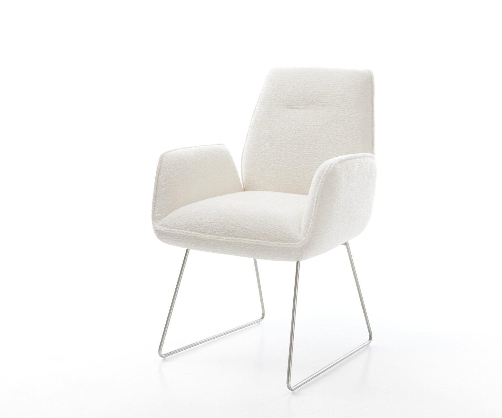 Chaise-de-salle-à-manger Zoa-Flex bouclé doux beige pied trapèze acier inoxydable resorts ensachés