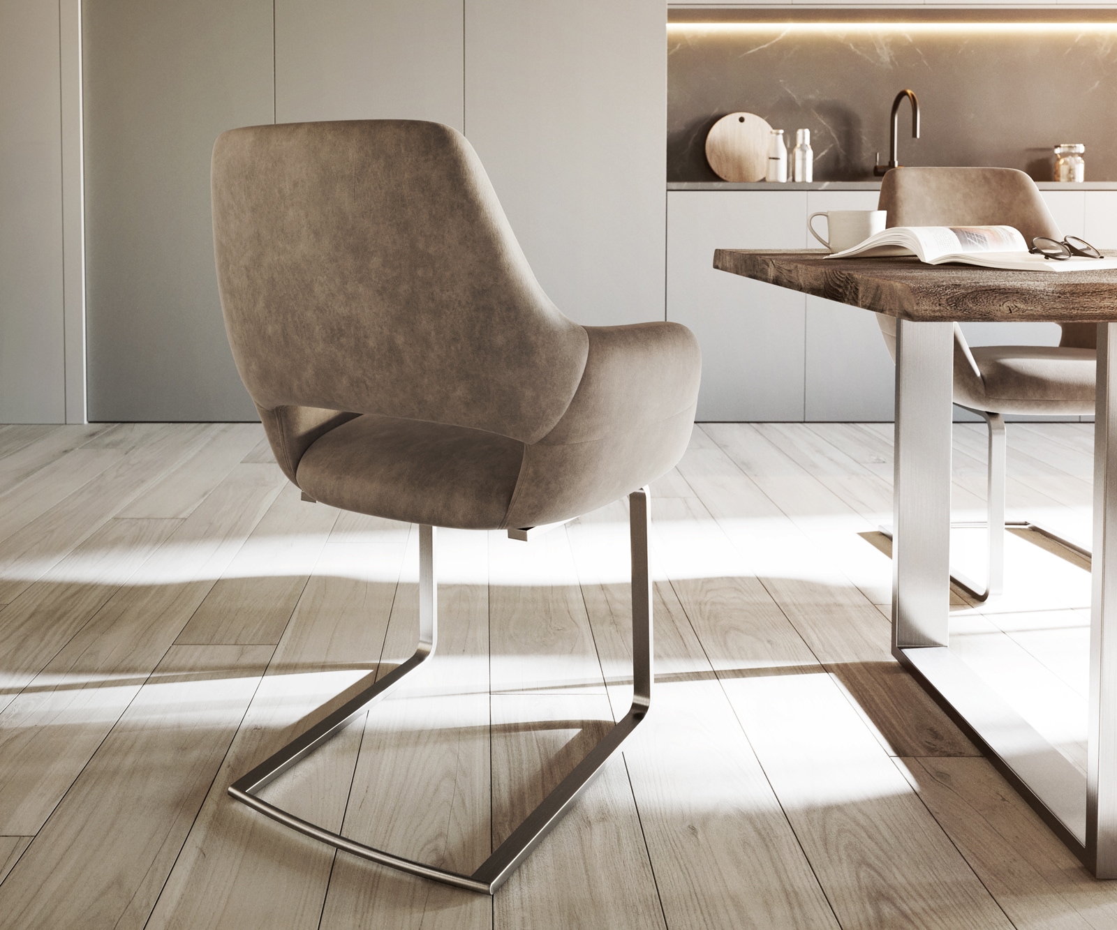 Cantilever Yago-Flex avec accoudoirs microvelours taupe vintage pied cantilever plat acier inoxydable brossé ressorts ensachés 4 Cantilever Yago-Flex avec accoudoirs microvelours taupe vintage pied cantilever plat acier inoxydable brossé ressorts ensachés 4