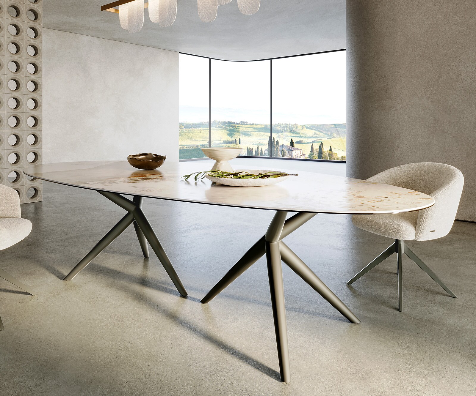 Table-à-manger Edge Oval 280x130 Céramique Minas Melange Blanc-Beige Estelar ronde Métal finition effet titane 5