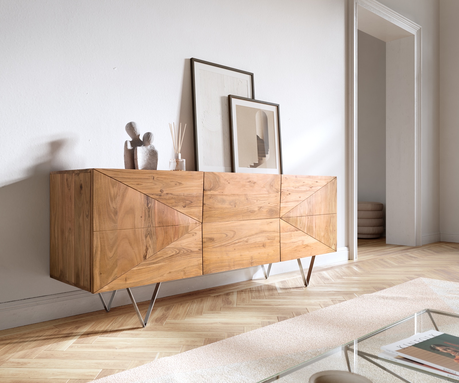 Design-buffet Wyatt 175 cm 3D optique centrale acacia naturel acier inoxydable Design-buffet Wyatt 175 cm 3D optique centrale acacia naturel acier inoxydable