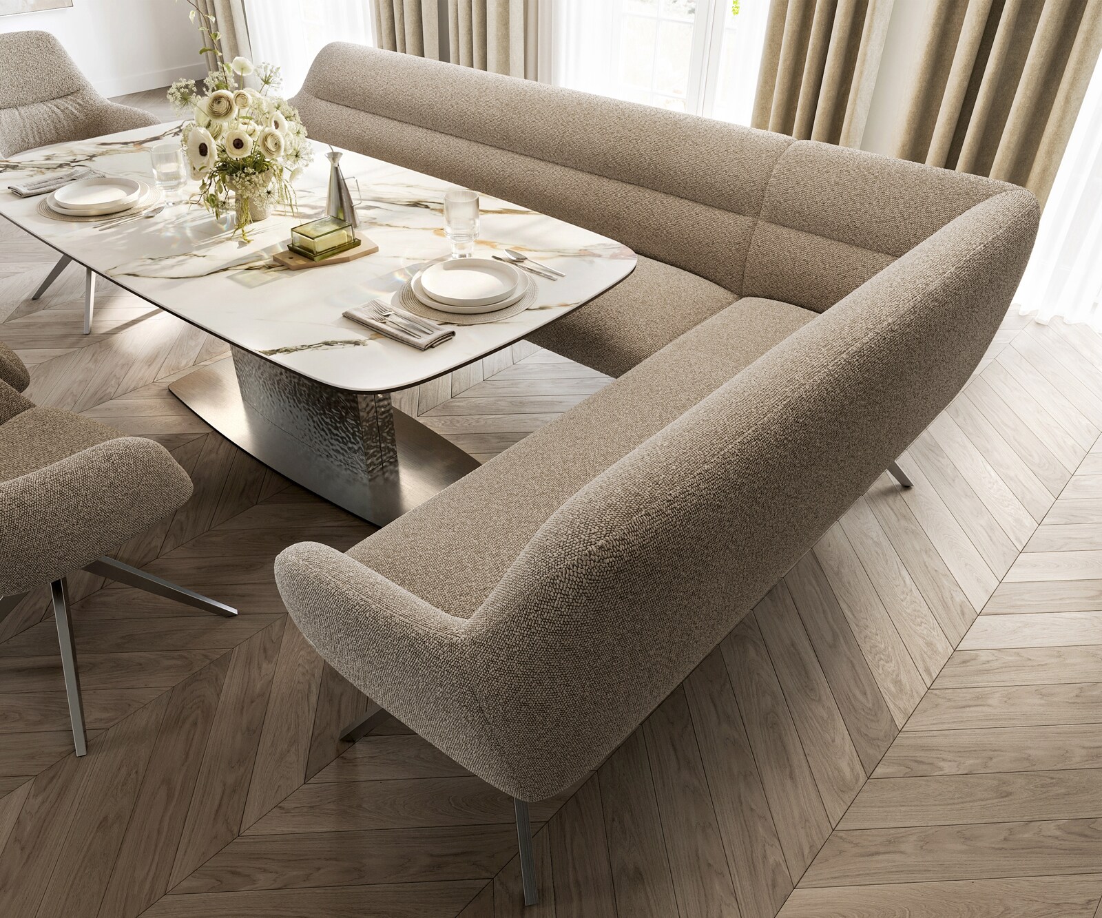 Banc-de-salle-à-manger Taya-Flex 285x190 cm bouclé boue pied croisé angulaire acier inoxydable ressort ensaché liens 4