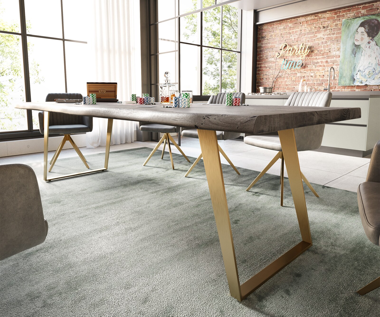 Table à manger Edge 260x100 XL acacia platine acier inoxydable Gold inclinée Live-Edge 3