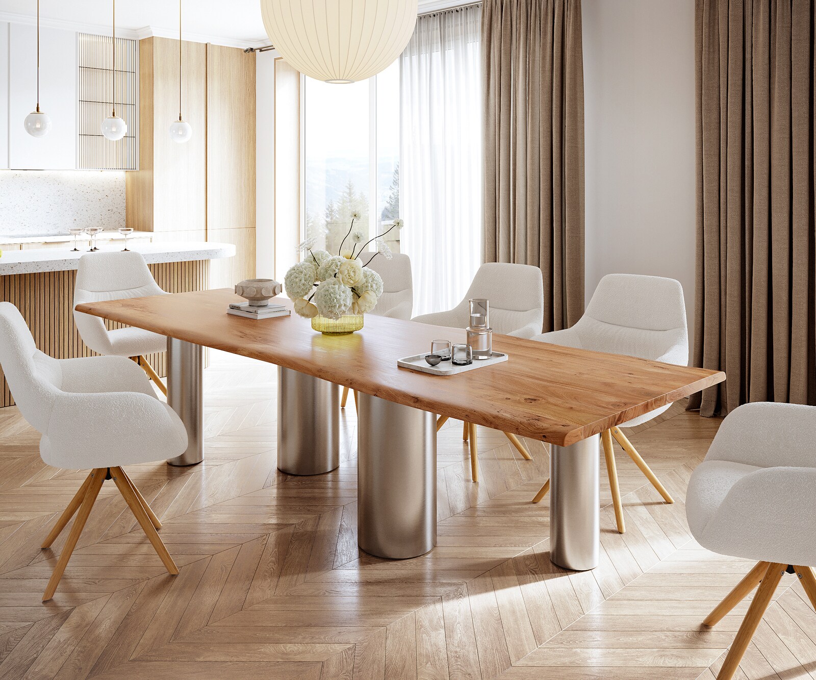 Table à manger Edge 300x100 Acacia Nature Pilier Acier inoxydable brossé Live-Edge
