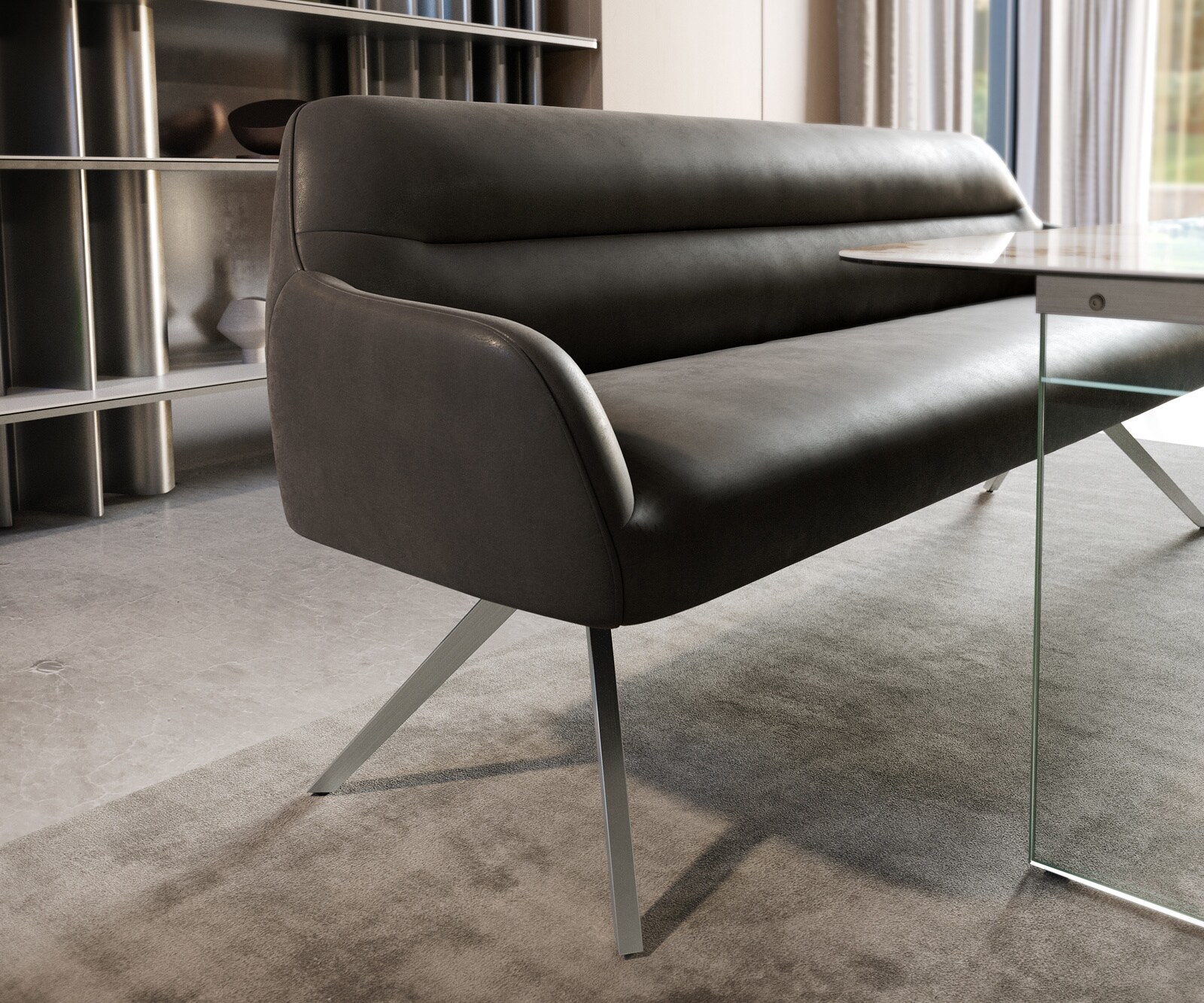 Banc-de-salle-à-manger Taya-Flex 200 cm microfibre antracite vintage pied croisé angulaire acier inoxydable ressort ensaché 4