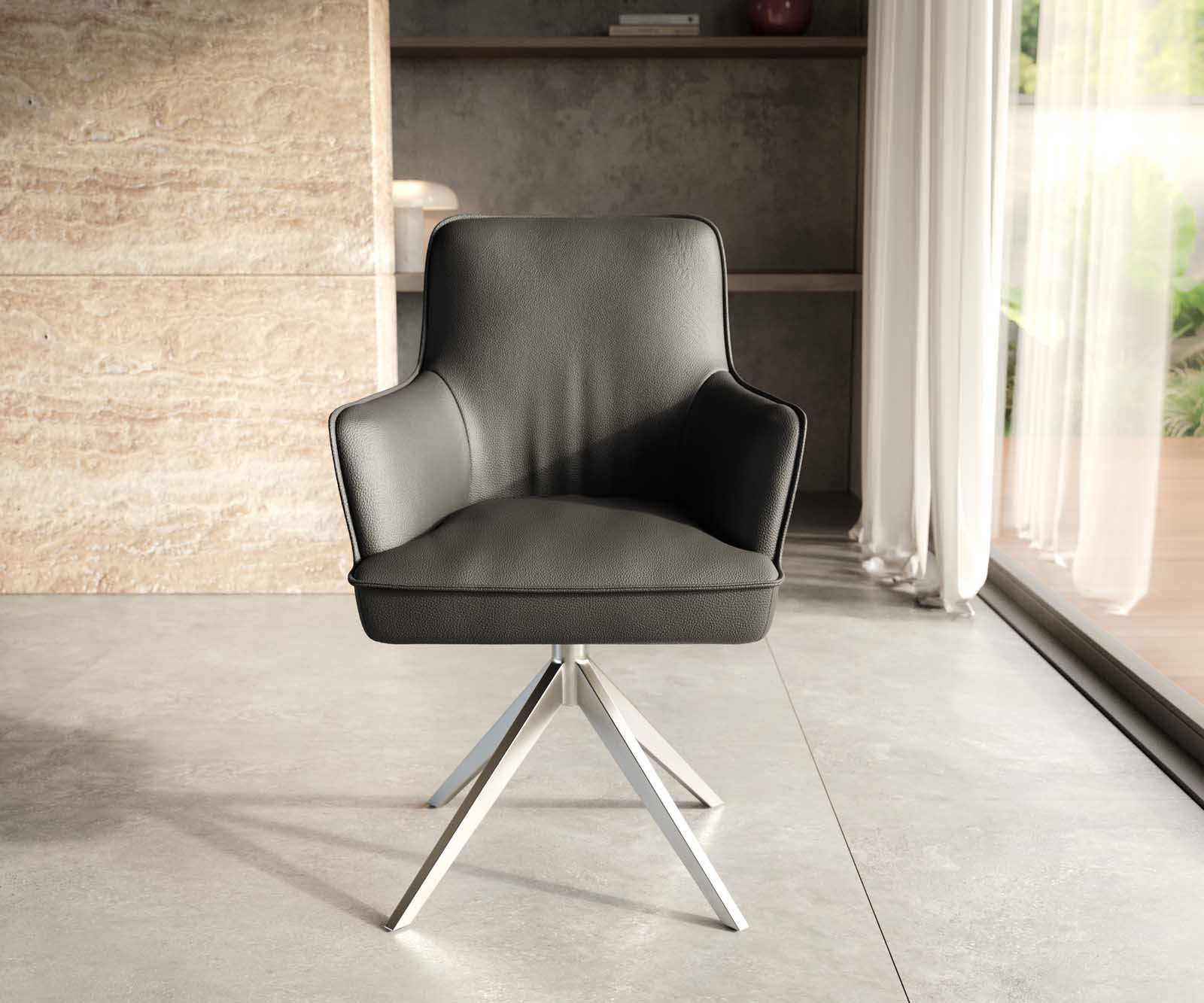 Chaise-pivotante Heira-Flex avec accoudoirs cuir de vache noir pied croisé large acier inoxydable brossé pivotement sur 360° ressorts ensachés 1 Chaise-pivotante Heira-Flex avec accoudoirs cuir de vache noir pied croisé large acier inoxydable brossé pivotement sur 360° ressorts ensachés 1