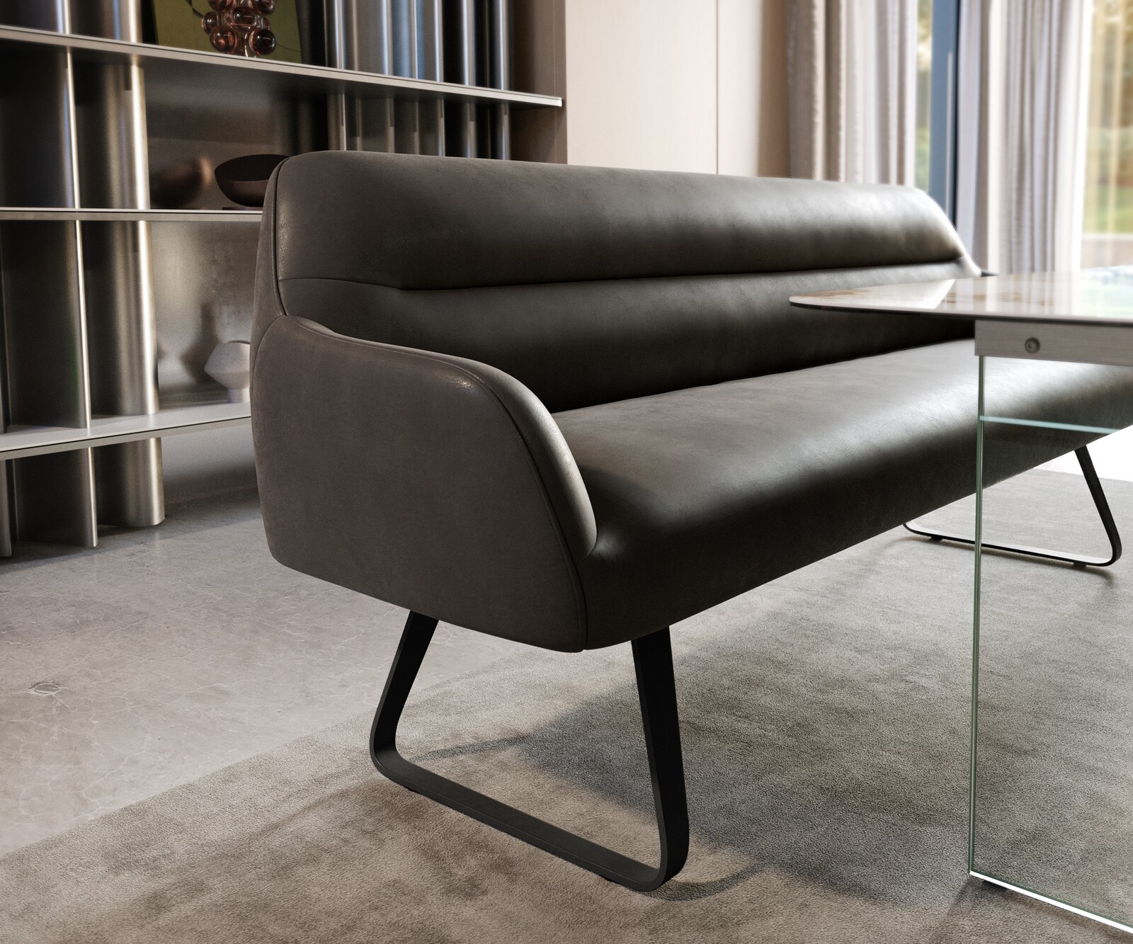 Banc-de-salle-à-manger Taya-Flex 200 cm microfibre antracite vintage châssis à patins plat noir ressort ensaché 4