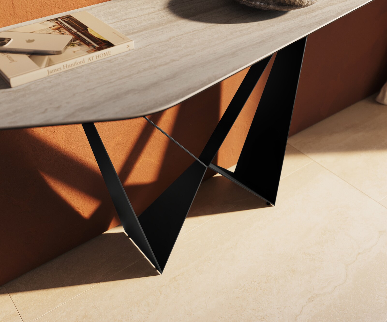 Console Edge Polygonal 180x50 cm Céramique Laminam® Travertino Bianco Creme-Weiß Spios Métal Noir 6