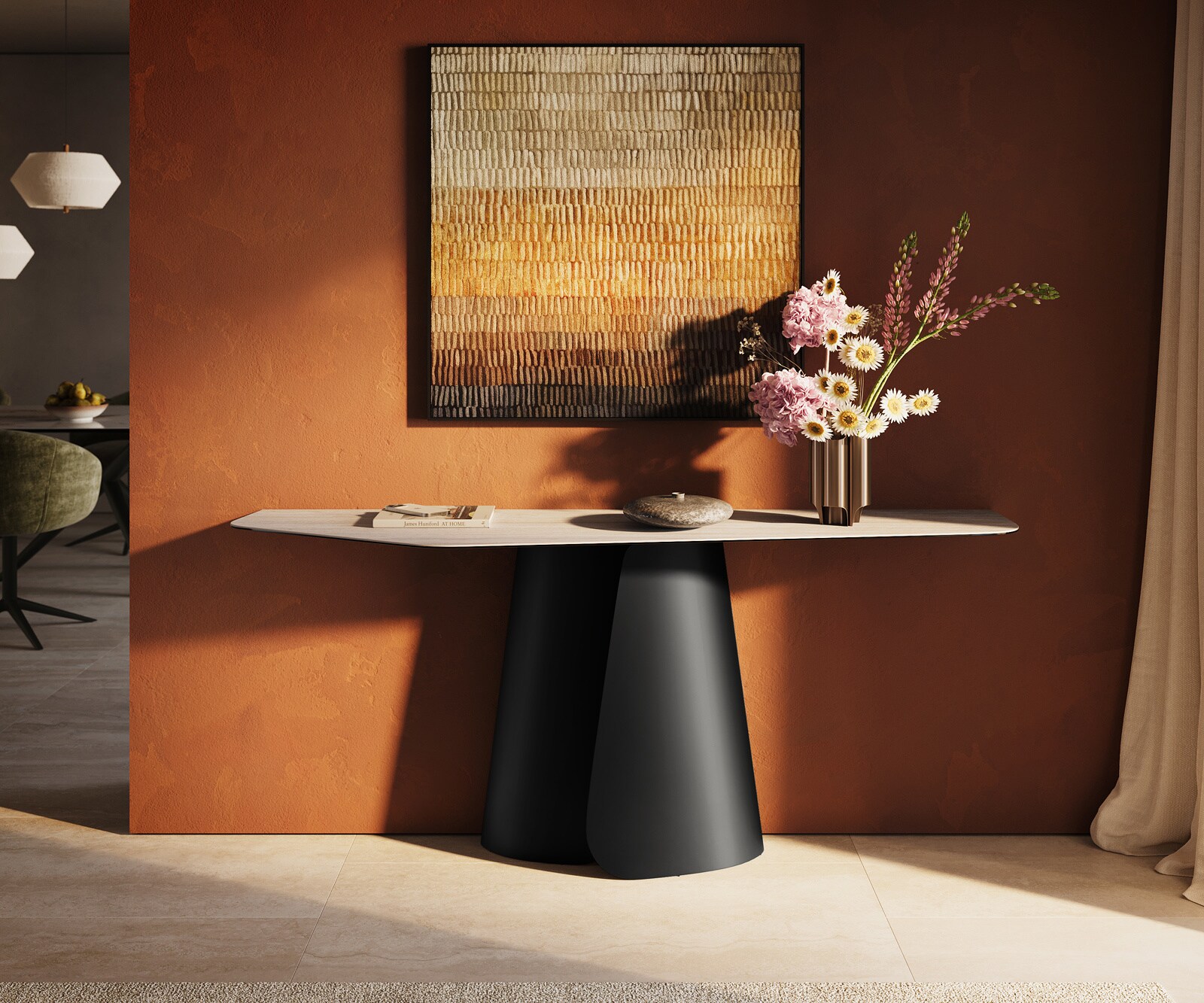 Console Edge Polygonal 180x50 cm Céramique Laminam® Travertino Bianco Creme-Weiß Livos Métal Noir 2