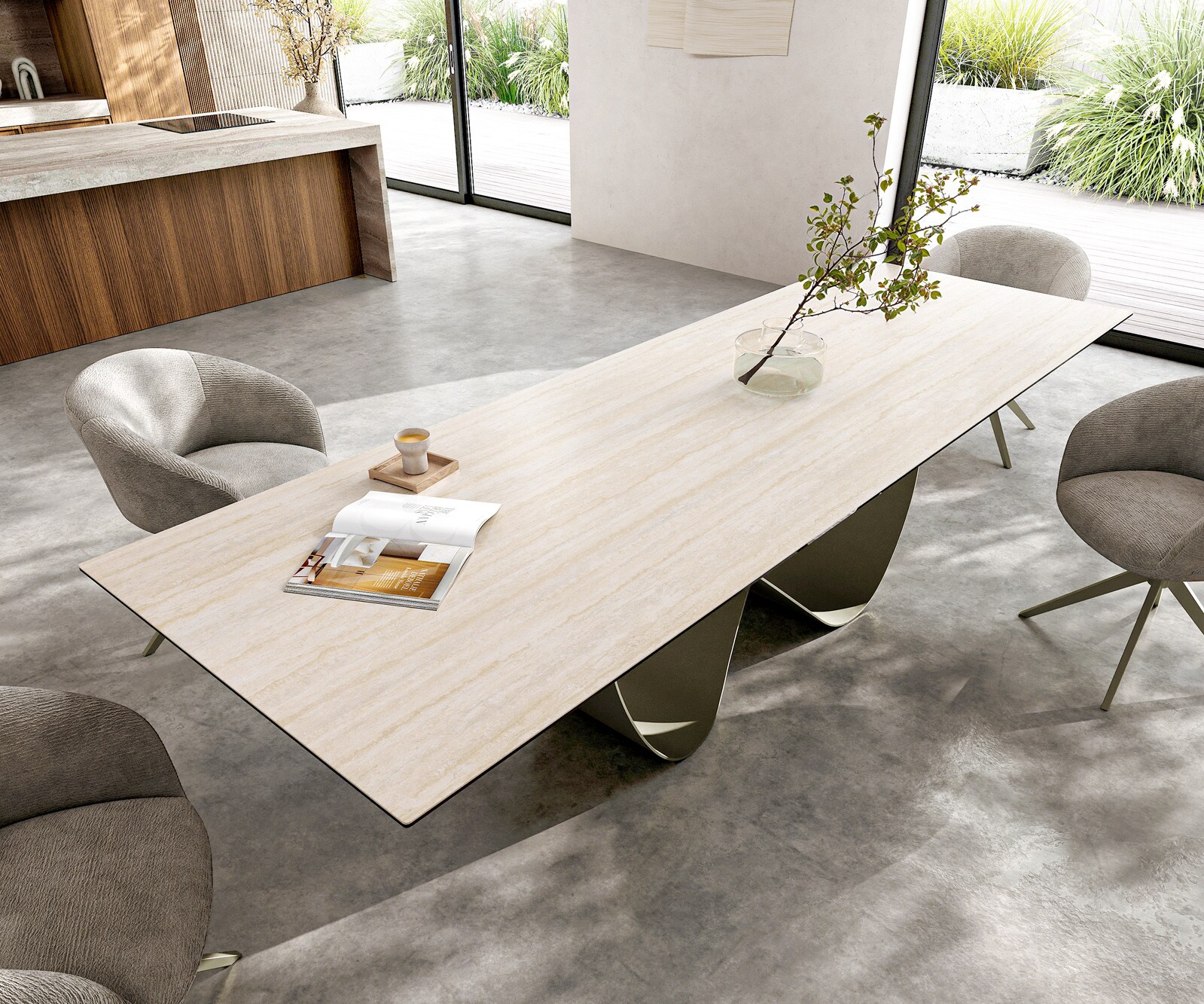 Table à manger Edge 300x100 céramique Laminam® Travertino Bianco crème-blanc Infinity métal effet finition titanee 3