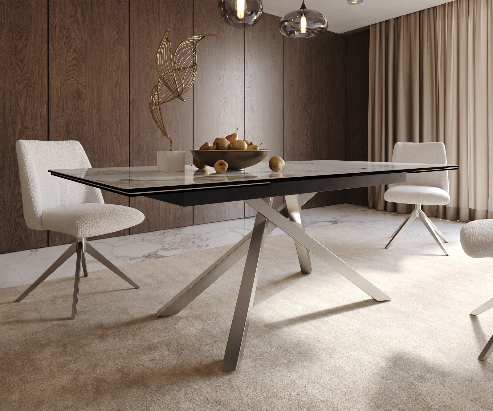 Table à manger Edge 200-300x100 céramique Minas mélange blanc-beige cadre croisé rectangulaire acier inoxydable extensible 6