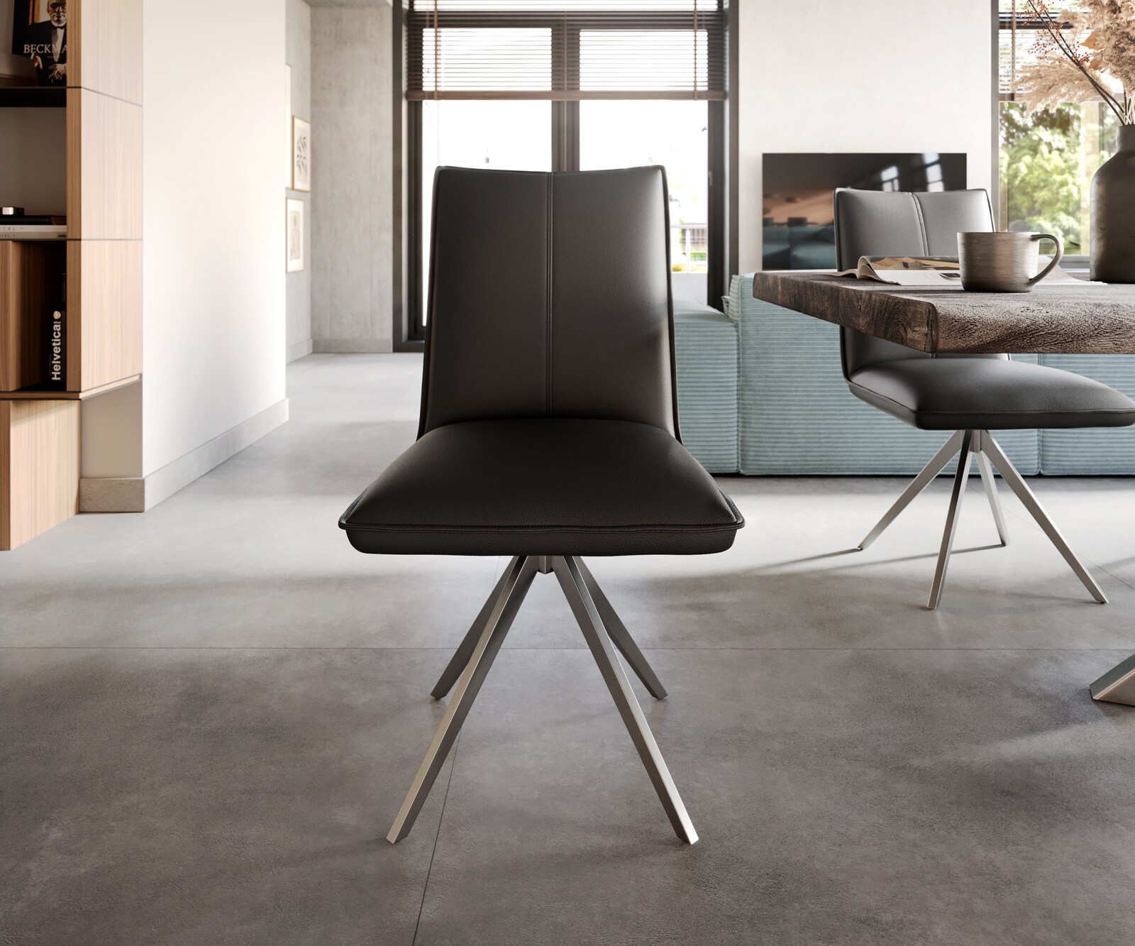 Chaise-de-salle-à-manger Lelio-Flex cuir de vache noir pied croisé large acier inoxydable brossé ressorts ensachés 1