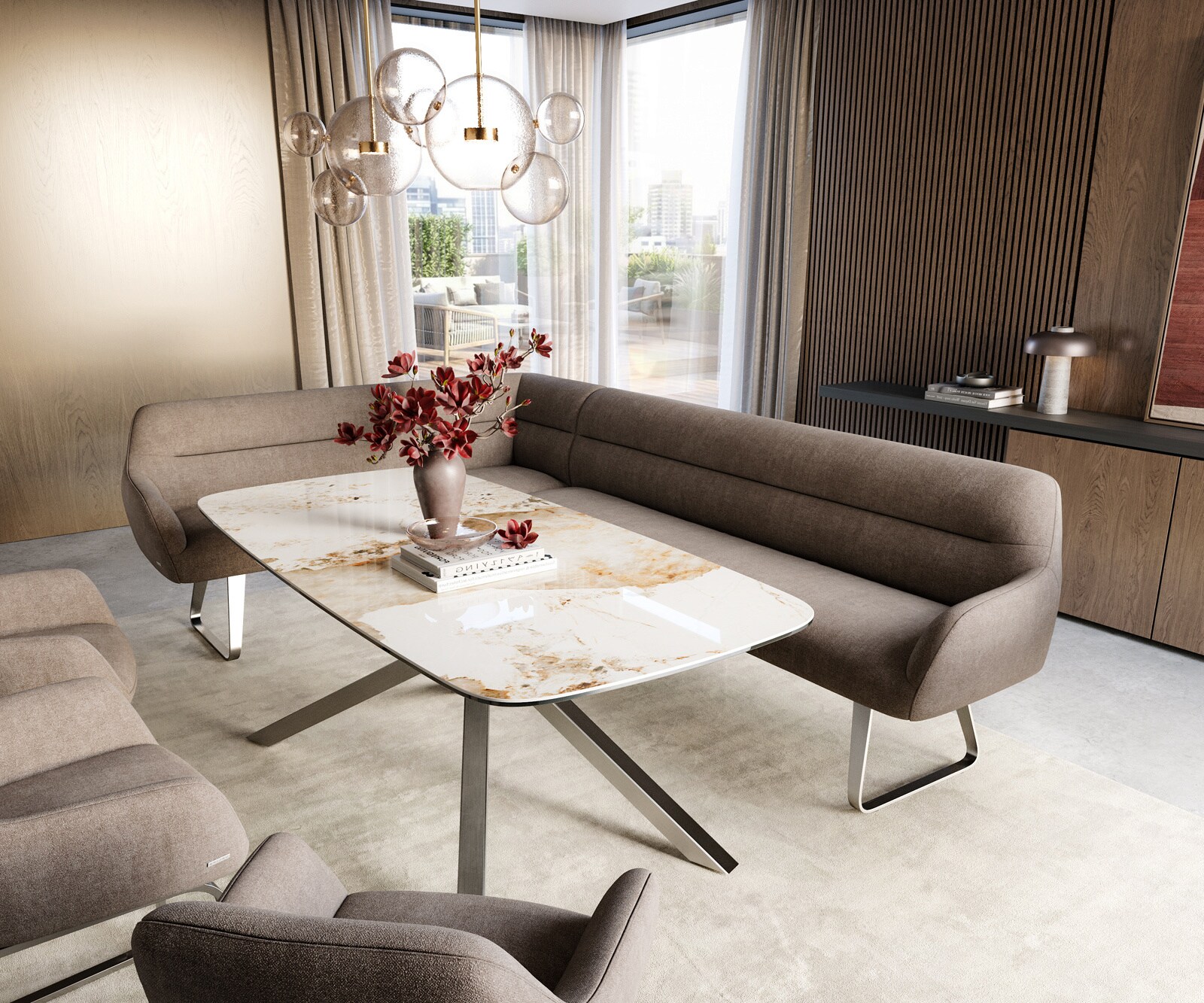 Banc-de-salle-à-manger Taya-Flex 285x190 cm tissu structuré doux taupe châssis à patins plat acier inoxydable ressort ensaché à droite 1