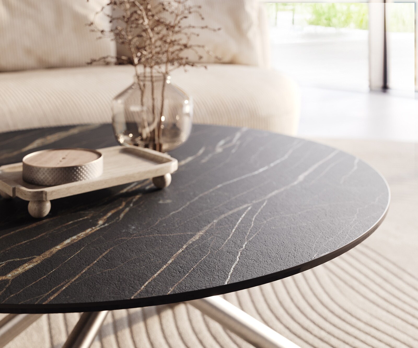 Table basse Edge rond 100x100 cm céramique Laminam® Noir Desir brun Sarity acier inoxydable brossé 4