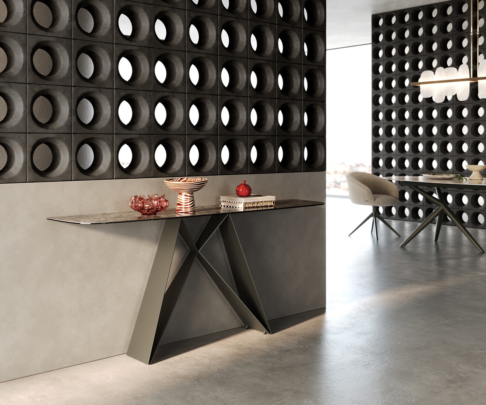 Console Edge forme bateau 180x40 cm Céramique Emperador Extra Lucidato Dunkelbraun Velio Métal Effektfinish Titan 7